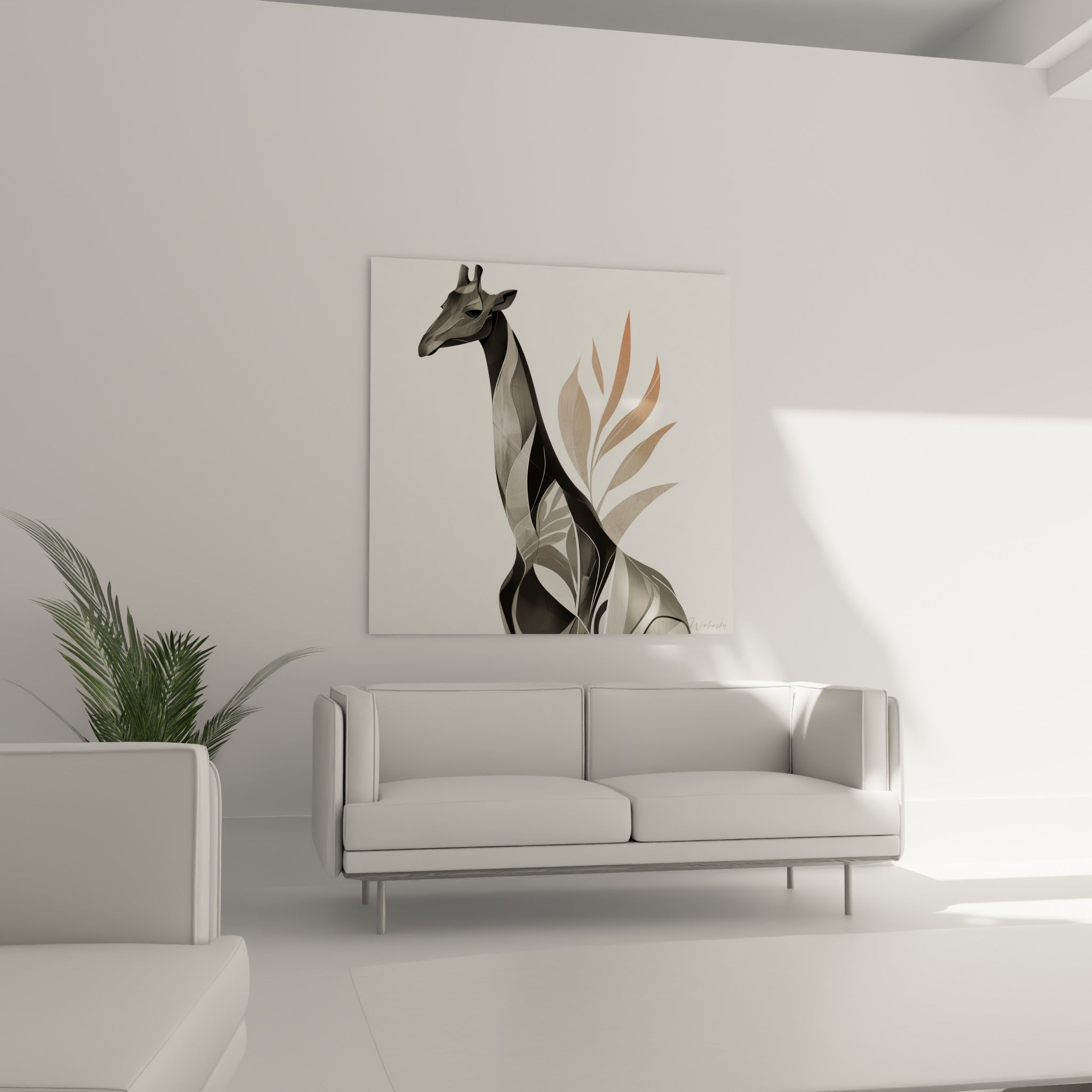 Portrait graphique de girafe grise et orangée au-dessus d'un canapé dans un salon lumineux