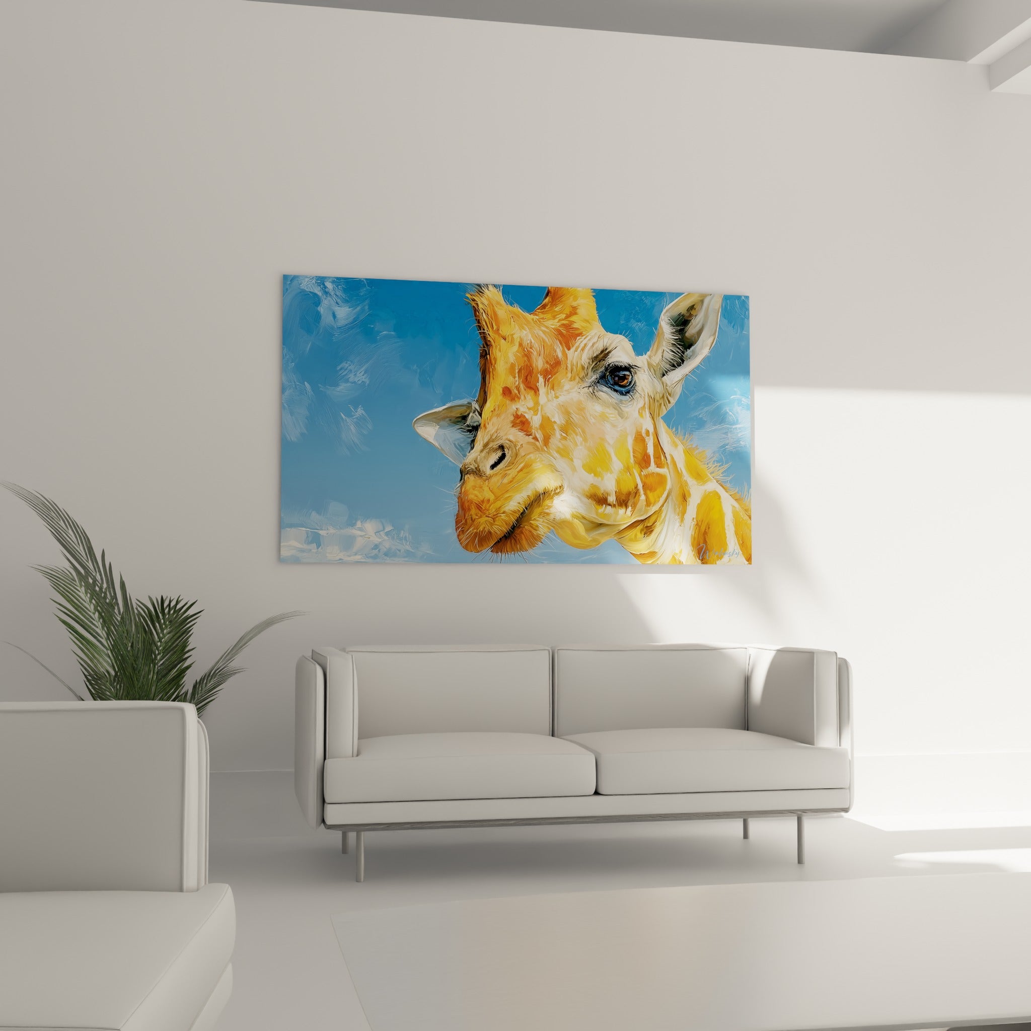 Oreilles blanches et pelage orangé de la girafe se détachant du bleu, au-dessus d'un canapé dans un salon lumineux