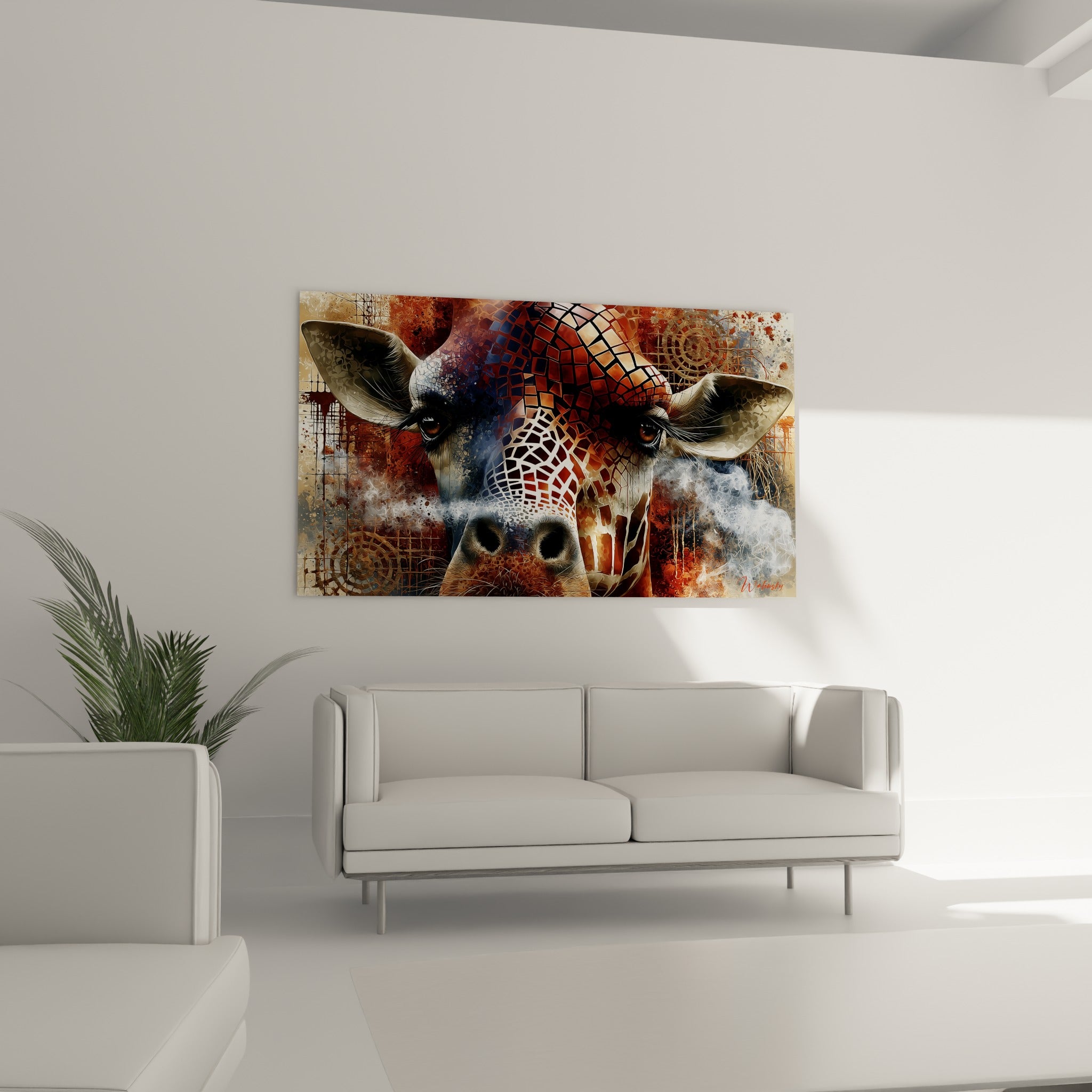 Oreilles déployées d'une girafe rousse et beige, fumée blanche aux naseaux, au-dessus d'un canapé dans un salon lumineux