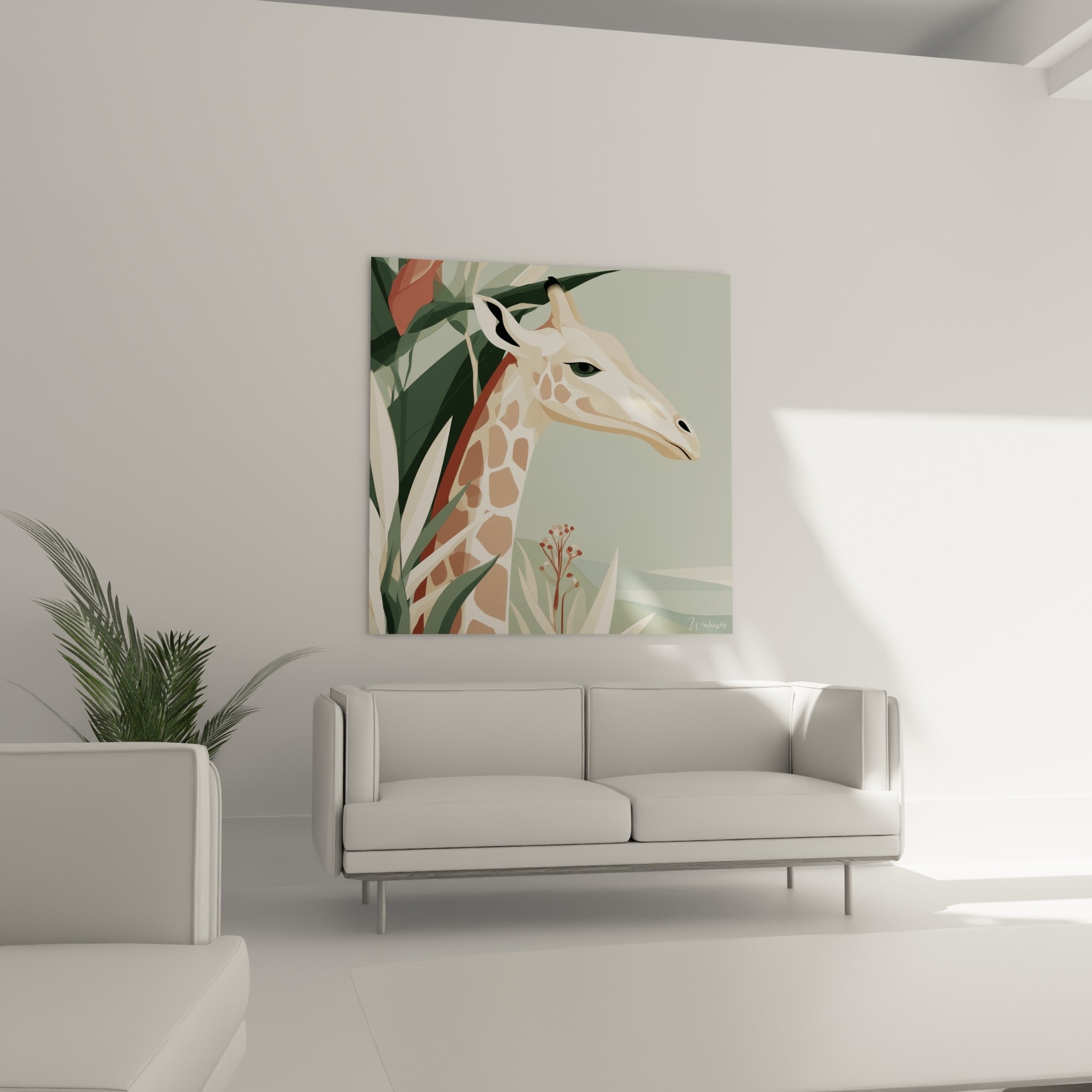 Girafe vert sauge et pastel entourée de palmes, suspendue au-dessus d'un canapé dans un salon lumineux