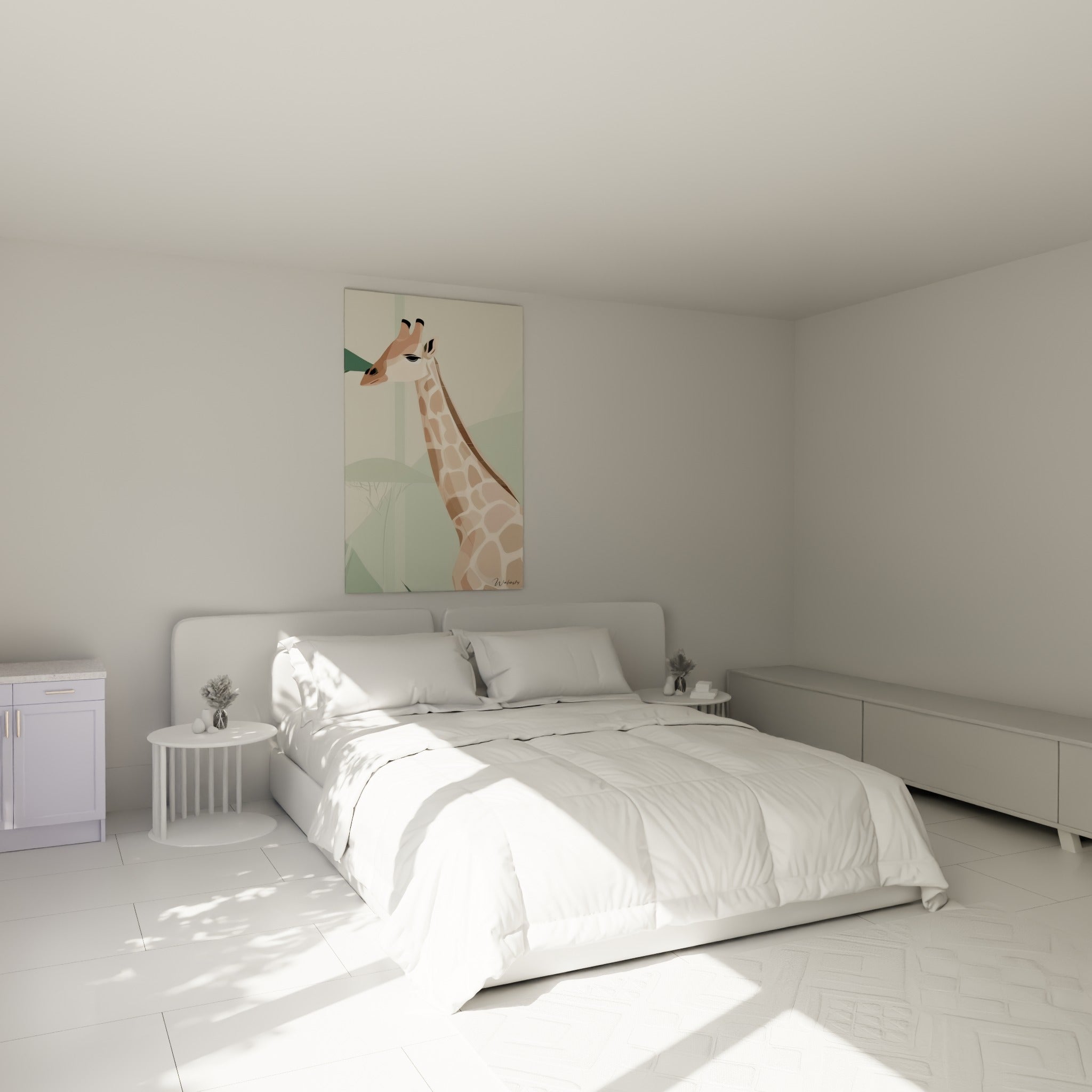 Silhouette de girafe beige et terracotta au graphisme épuré, accrochée au-dessus d'un lit dans une chambre claire
