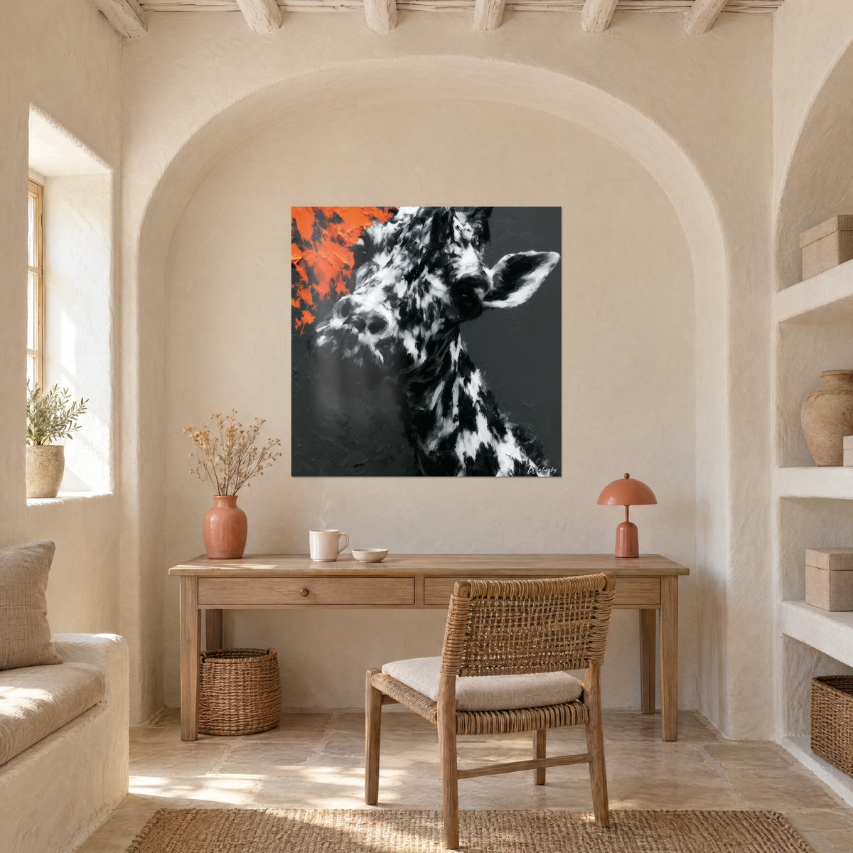 Quadro giraffa espressiva con pennellate a spatola bianche e nere e bagliore arancio, appeso sotto un arco sopra una scrivania in legno