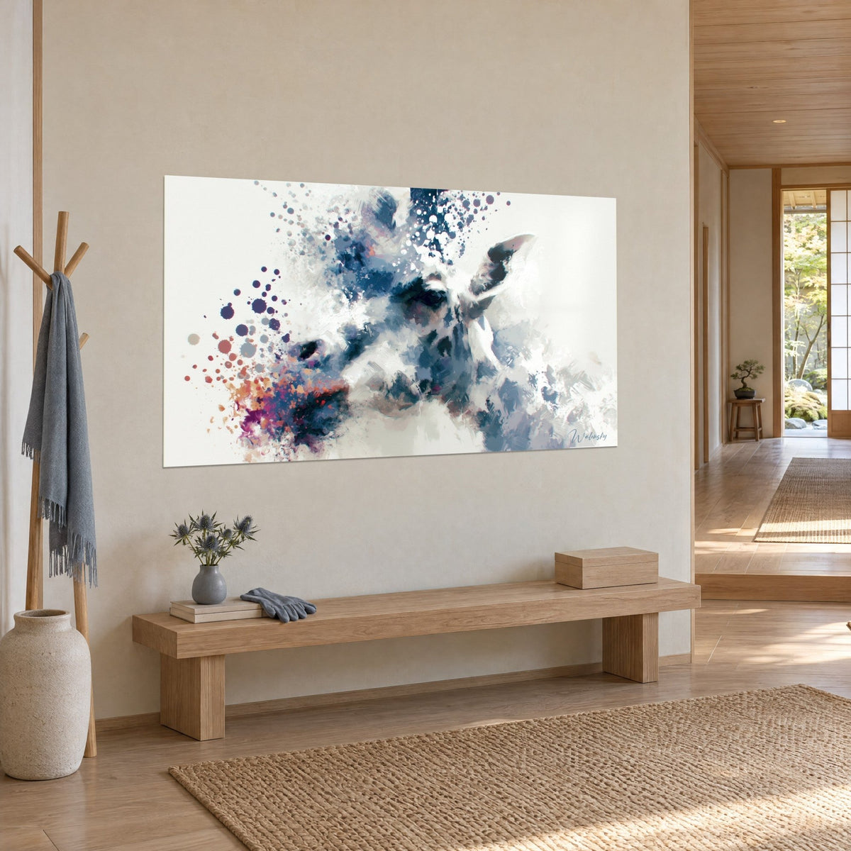 Wall art giraffe portrait dissolving into indigo and pink blotches, white ear raised, beige wall, light wood bench