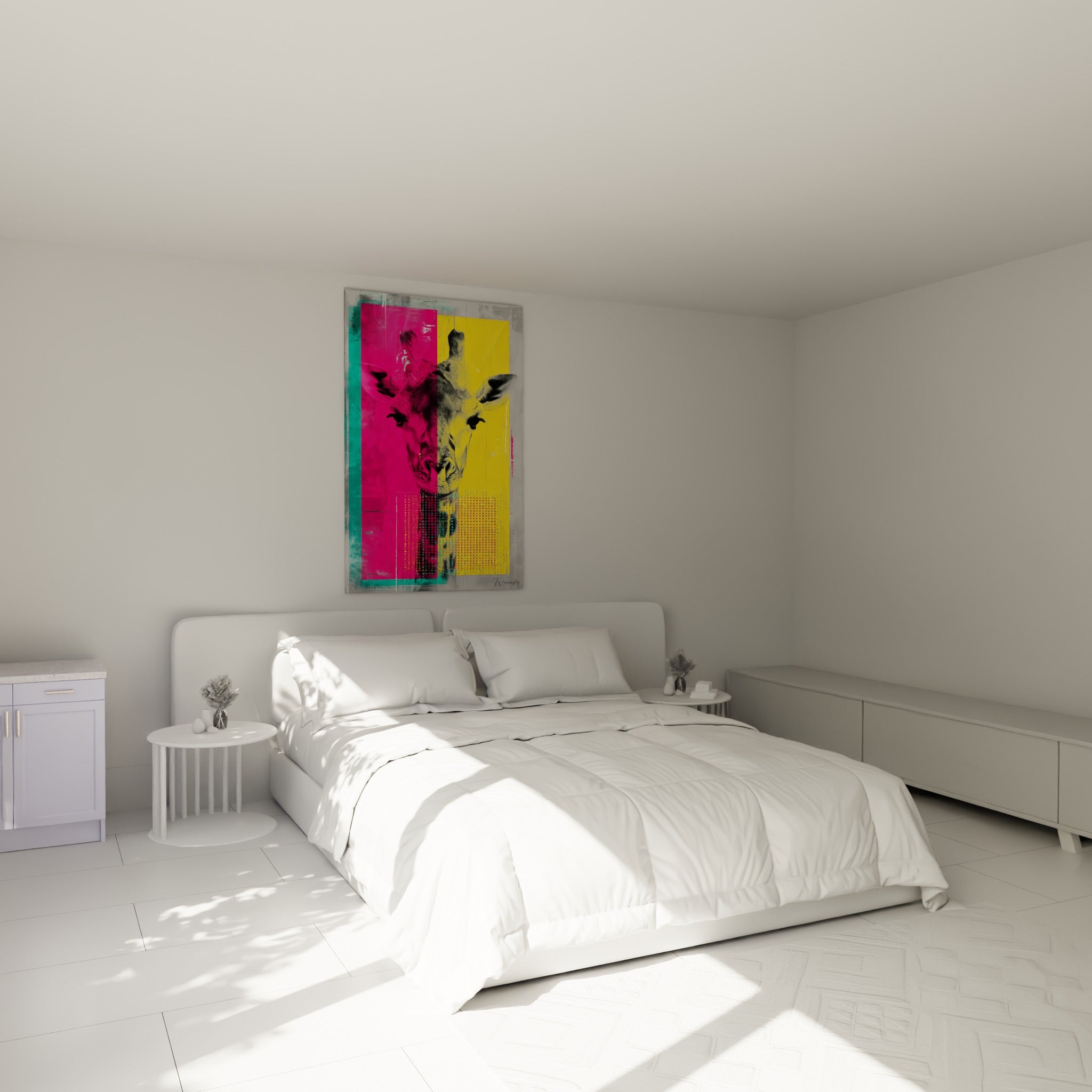 Portrait de girafe fuchsia et jaune accroché au-dessus d'un lit dans une chambre claire