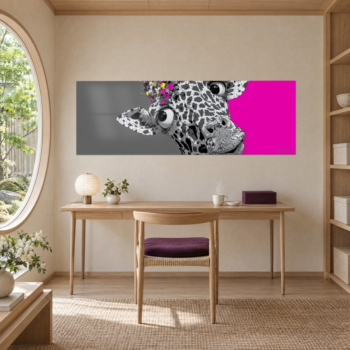 Gemälde grafisches afrikanisches Tier mit gepunkteter Schnauze, spitzes Ohr, grauer und fuchsiafarbener Hintergrund, über einem Schreibtisch aus hellem Holz