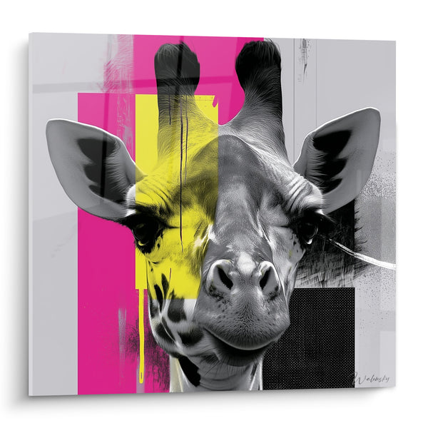Tableau Girafe mi-teinte rose et jaune fluo - Portrait pop électrique - Edition Girafe