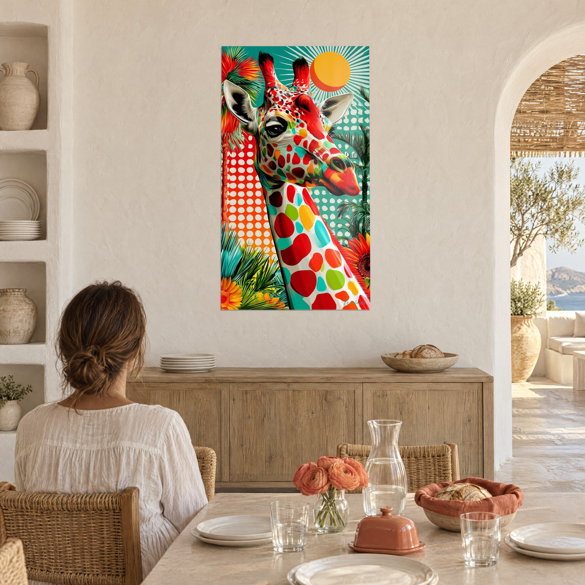 Cuadro jirafa colorida con manchas verdes, rojas y amarillas, follaje de palmera, frente a una mesa de madera, comedor mediterráneo