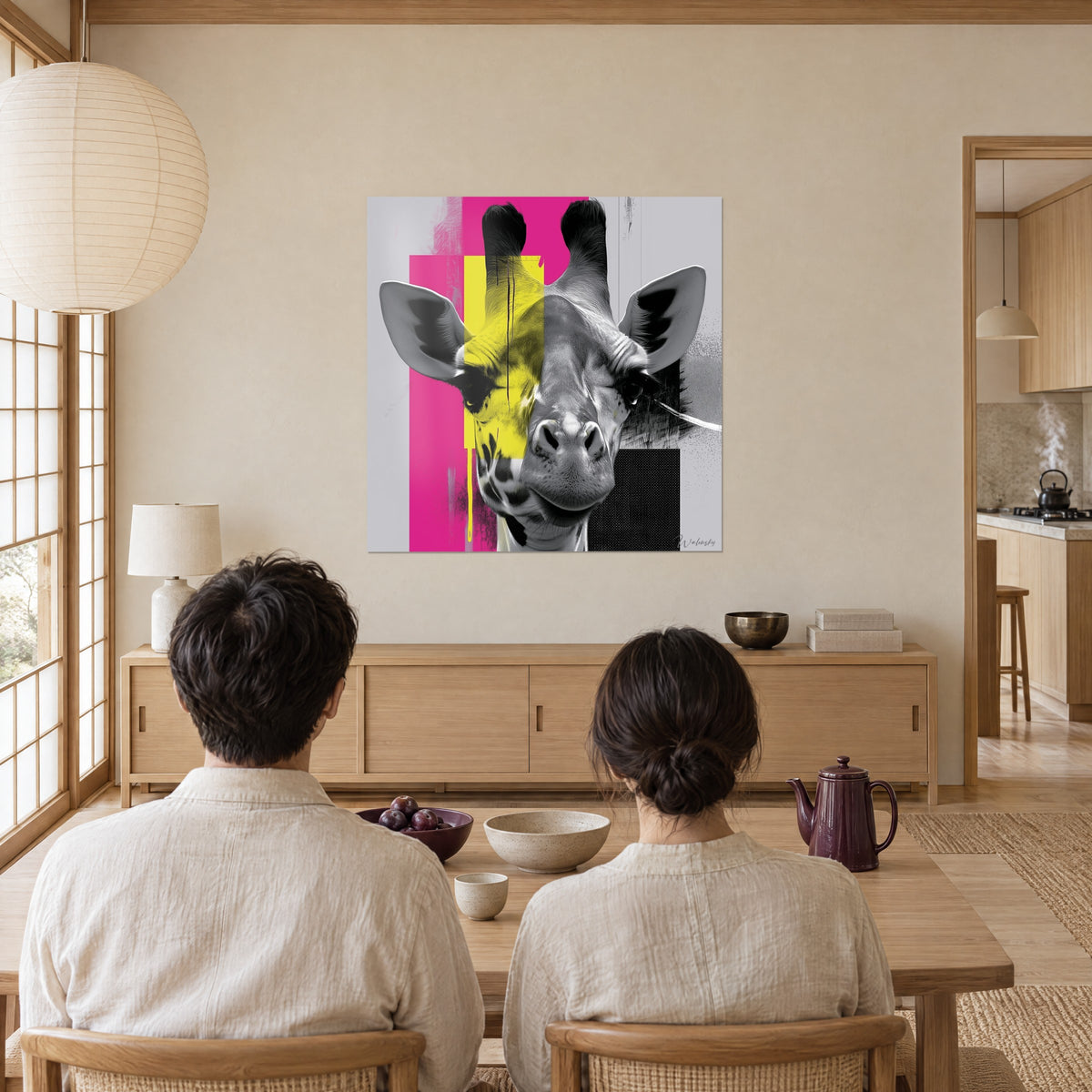 Gemälde Giraffenhals zweifarbig, schwarze Laufspuren auf fluoreszierend gelbem Grund, rosa Rechteck und schwarzes Quadrat, gegenüber einem Paar auf einem Japandi-Sofa
