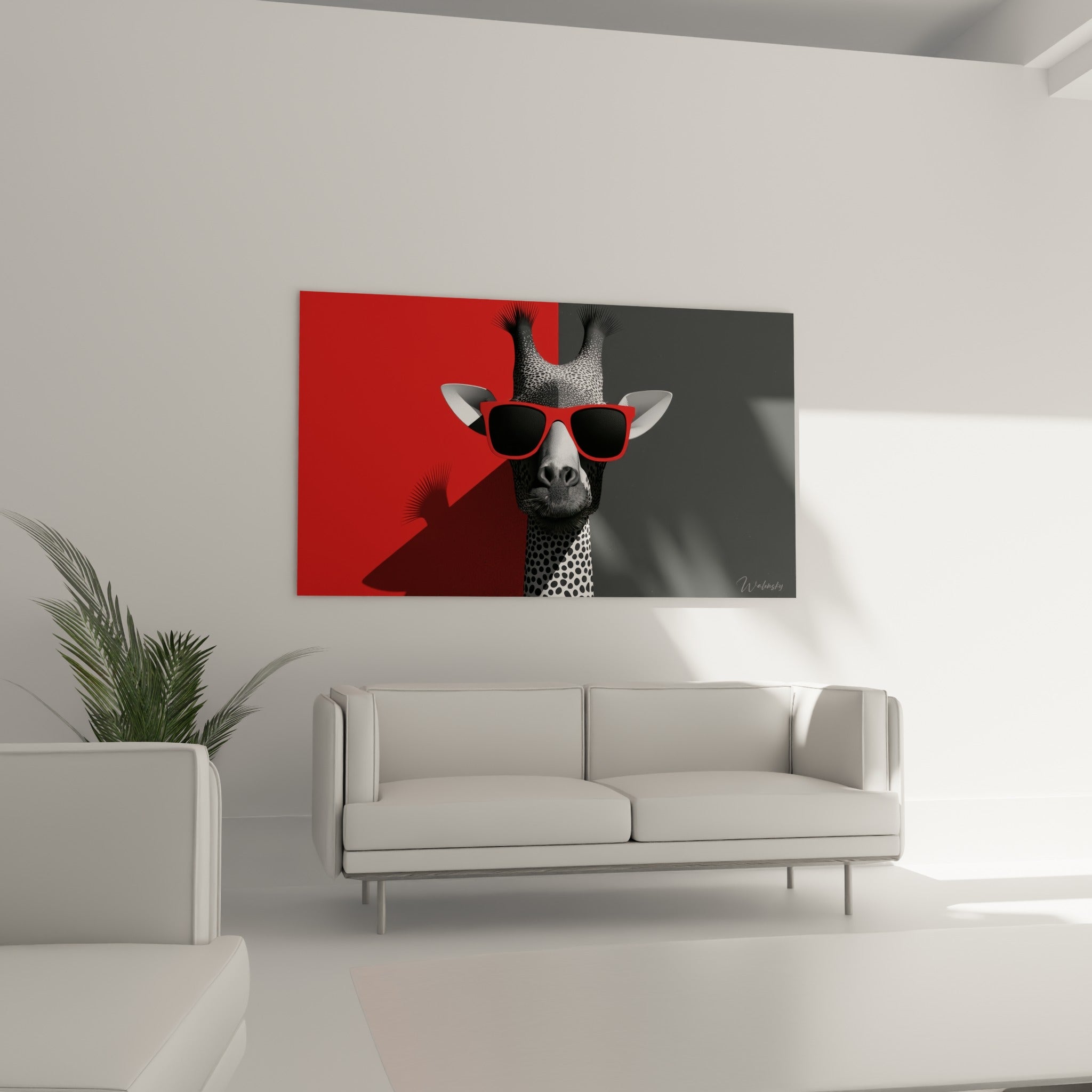 Girafe stylisée aux lunettes rouges sur fond bicolore, disposée au-dessus d'un canapé dans un salon lumineux