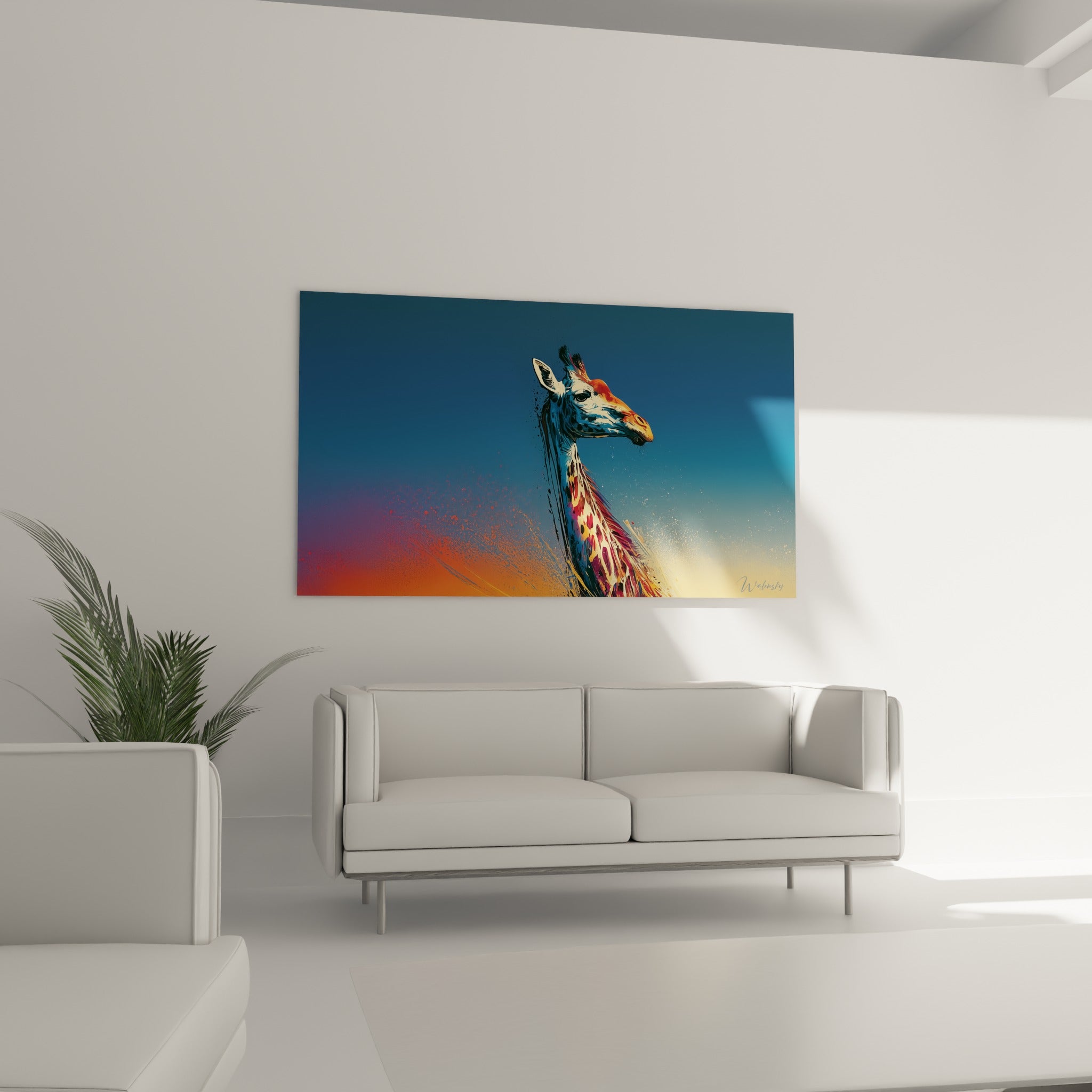 Portrait de girafe stylisé mêlant orange, bordeaux et bleu marine au-dessus d'un canapé dans un salon lumineux