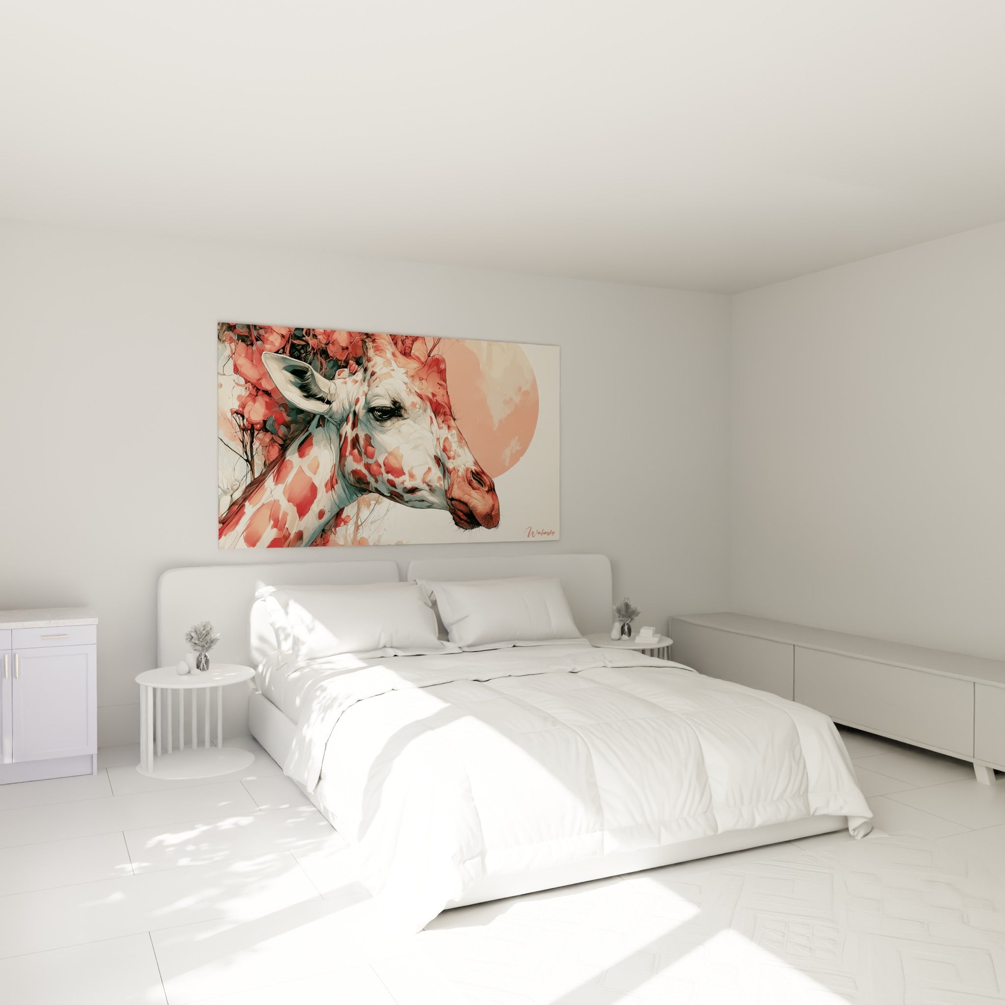 Portrait de girafe corail et rose au-dessus d'un lit dans une chambre claire et lumineuse