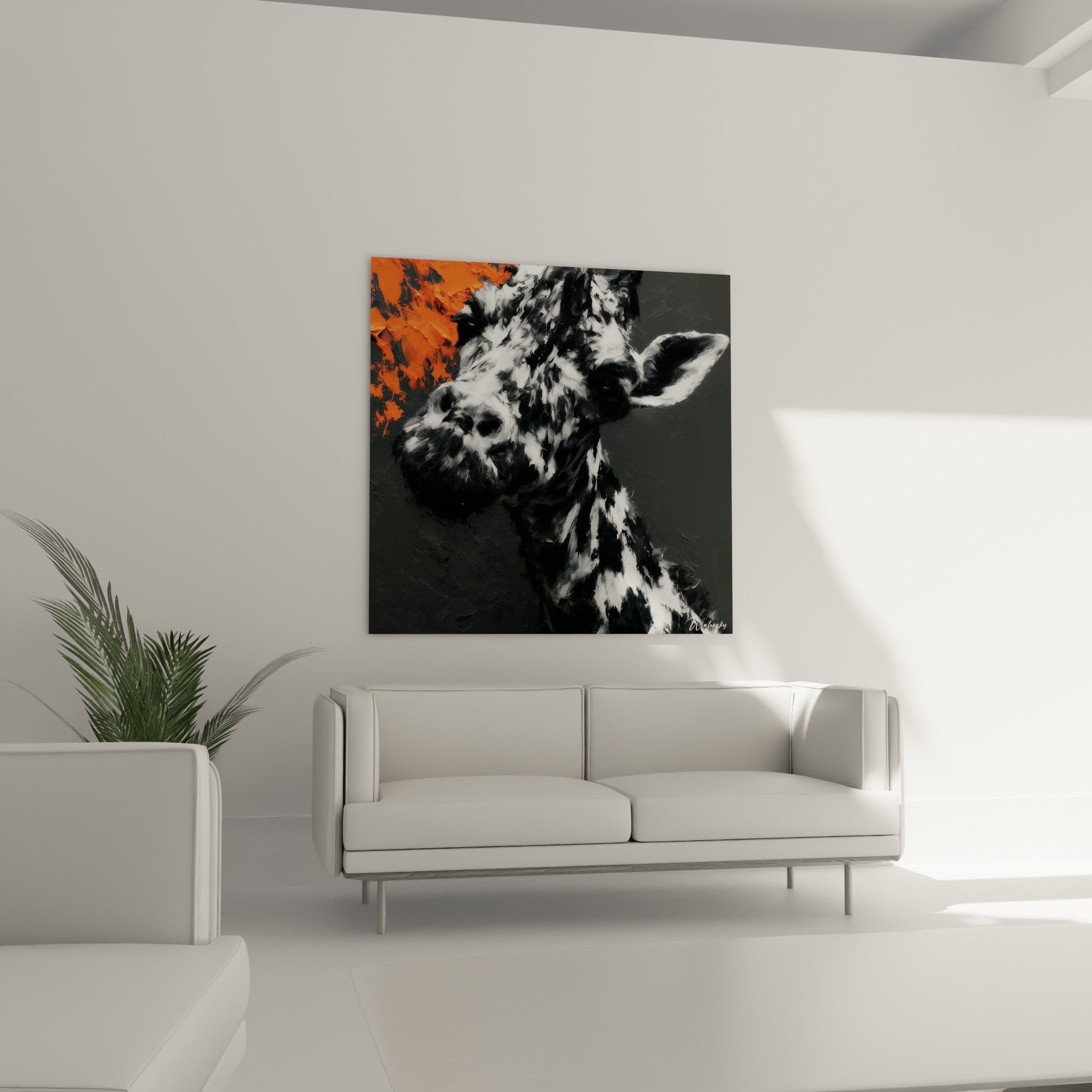 Portrait de girafe en clair-obscur noir et blanc au-dessus d'un canapé dans un salon lumineux