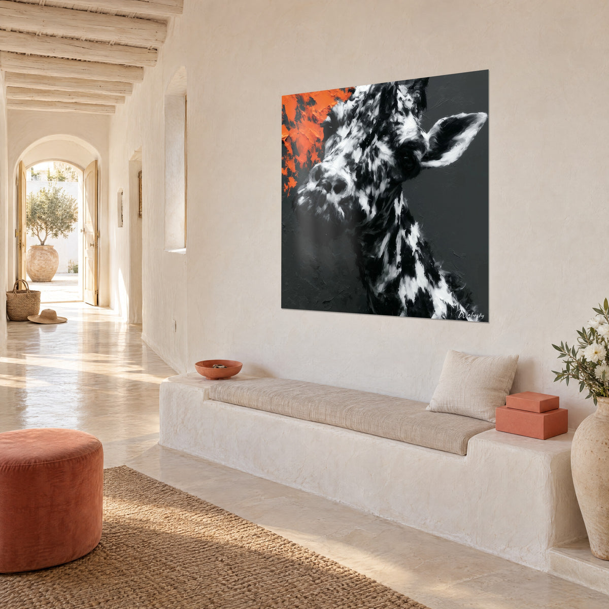 Quadro ritratto di giraffa in pittura densa, muso carbone e macchia arancio vivo, muro intonacato bianco di una casa mediterranea
