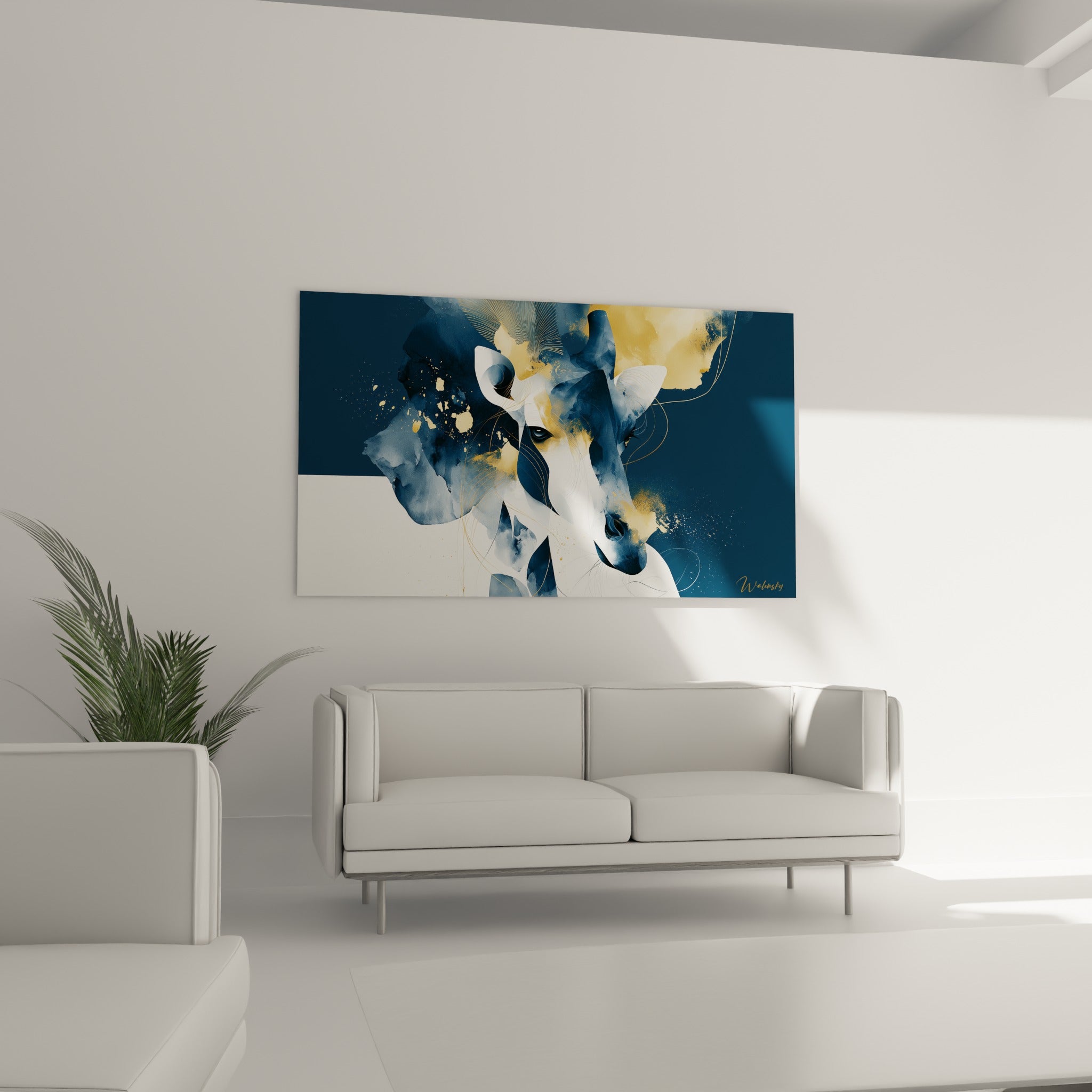 Portrait de girafe aux nuances bleu marine et dorées au-dessus d'un canapé dans un salon lumineux