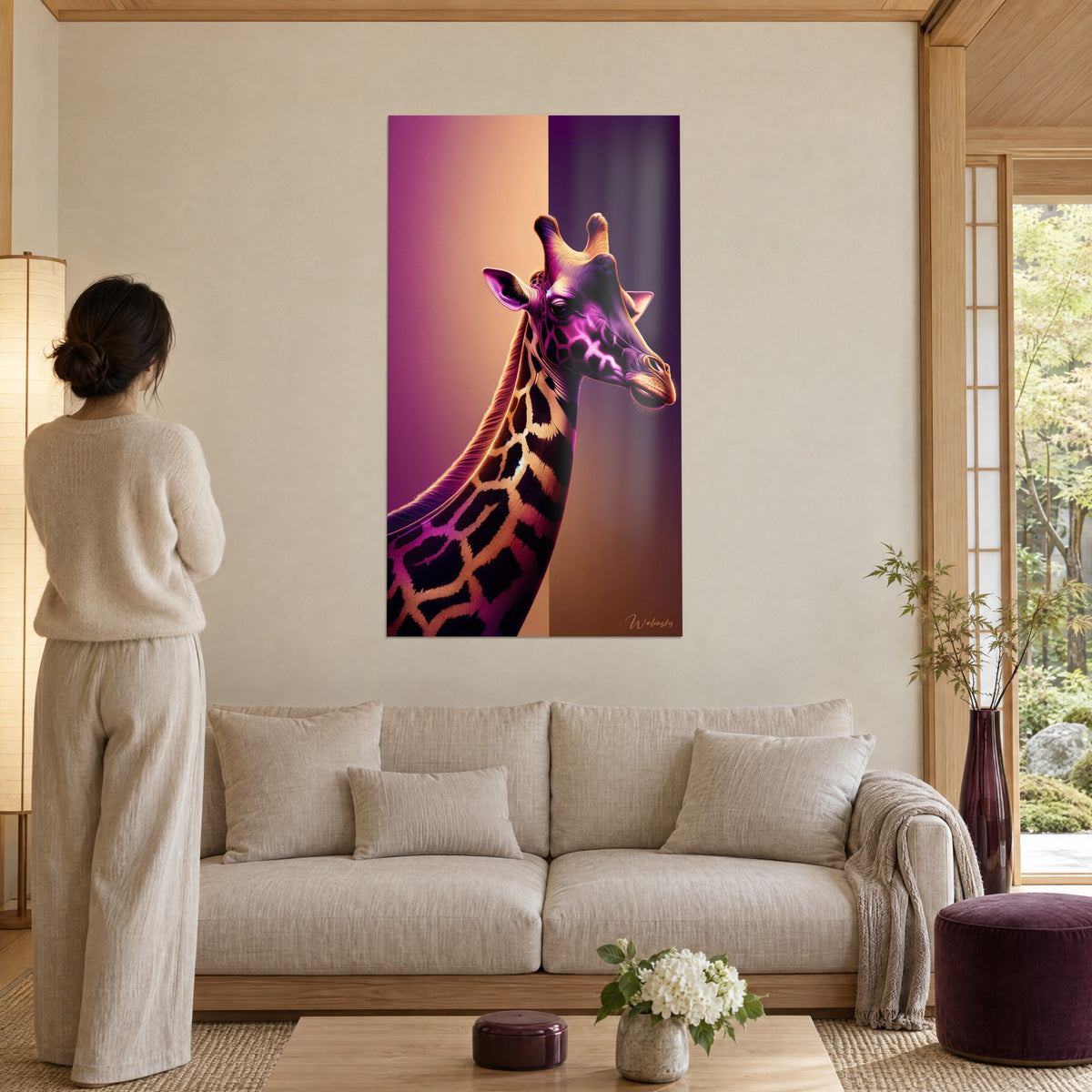 Wall art purple giraffe with a long gold-speckled neck, split background in pink and violet, woman seen from behind above a sofa in a bright living room