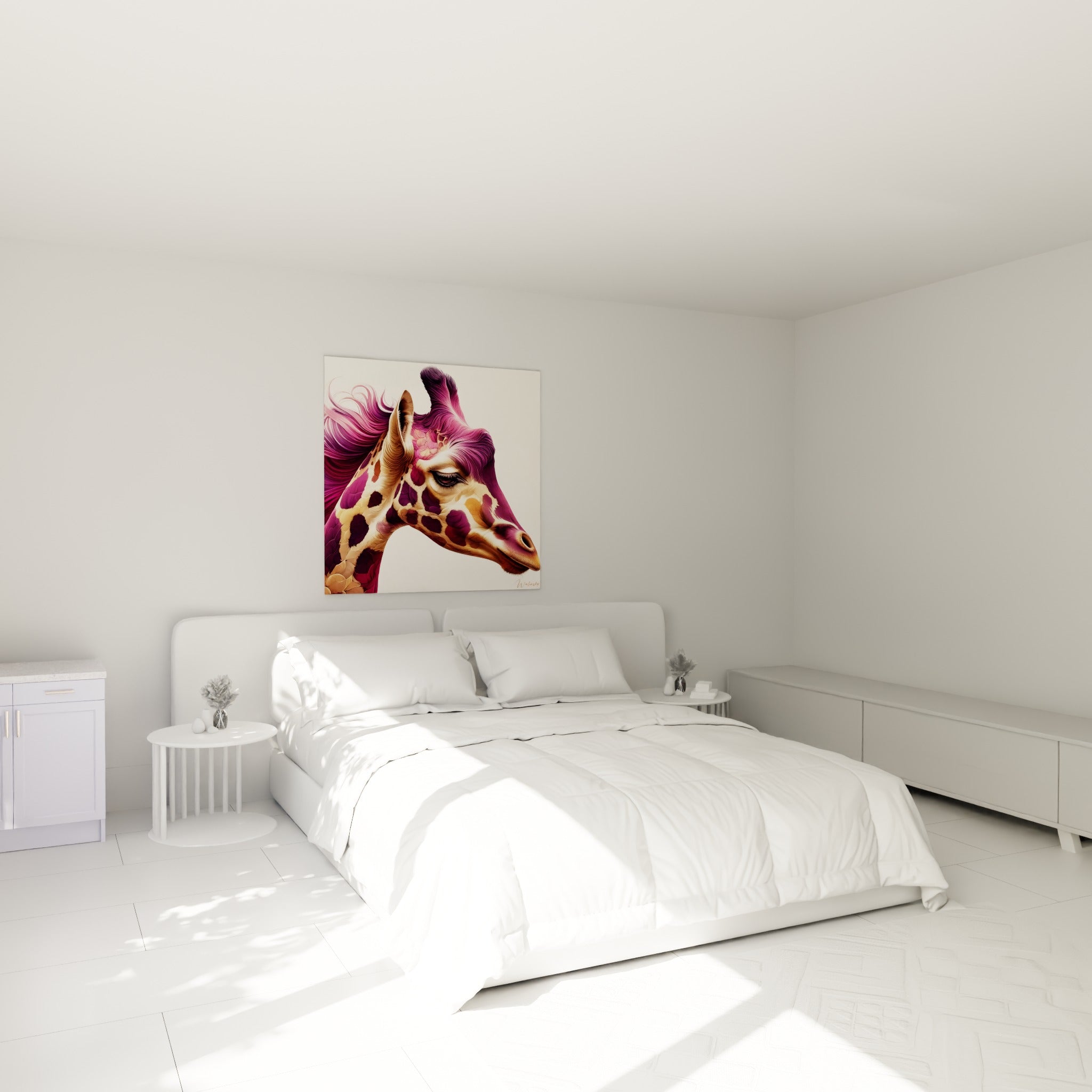Girafe pourpre et fauve aux motifs texturés, accrochée au-dessus d'un lit dans une chambre claire