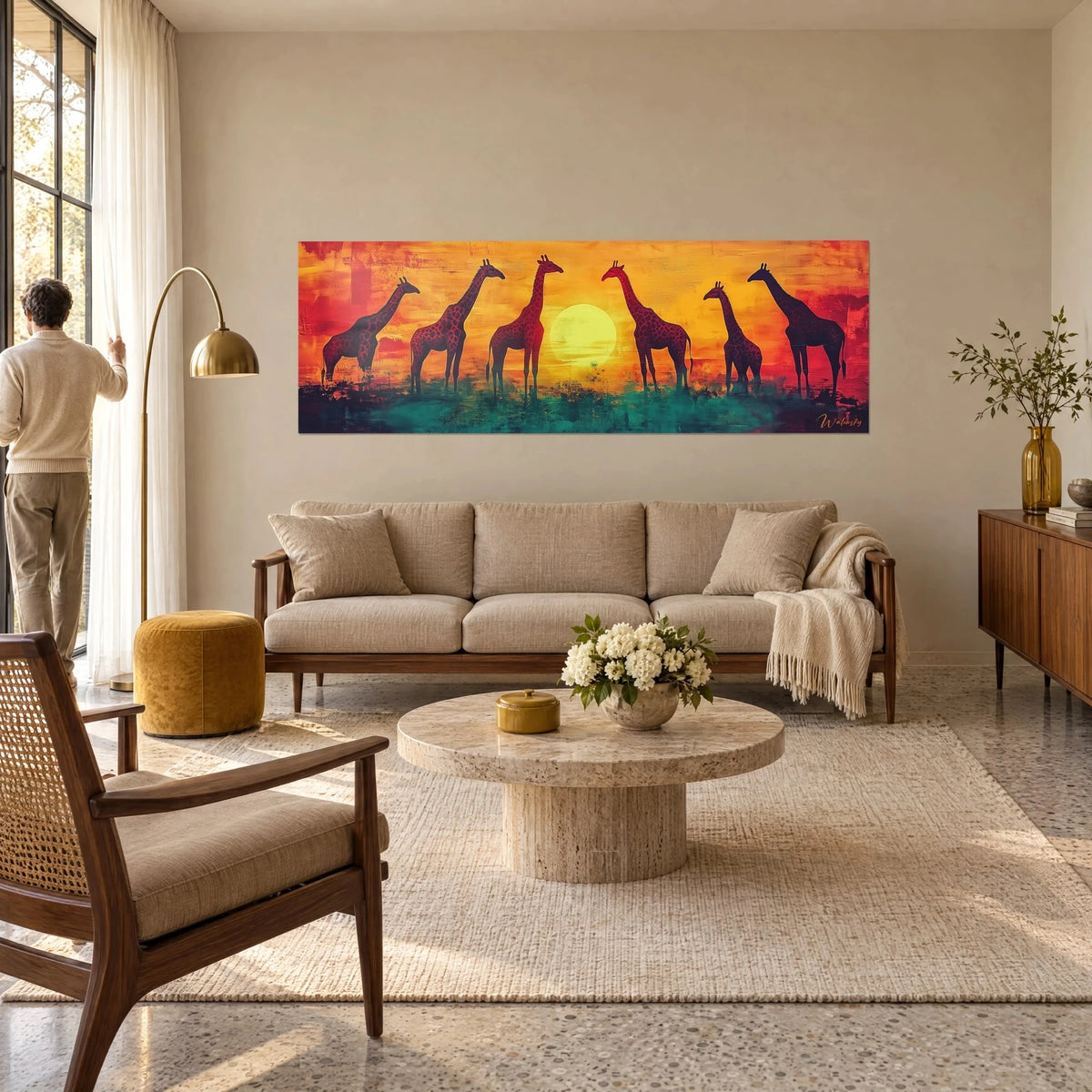 Cuadro seis jirafas en silueta frente a un sol amarillo, cielo rojo y naranja, encima de un sofá en un salón luminoso