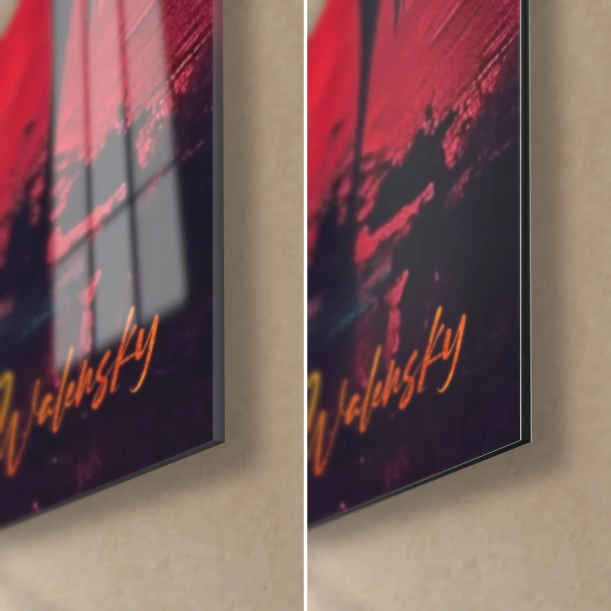 Cuadro jirafas al atardecer, esquina inferior derecha en cristal brillante y aluminio Dibond mate, firma dorada Walensky y canto de 3 mm