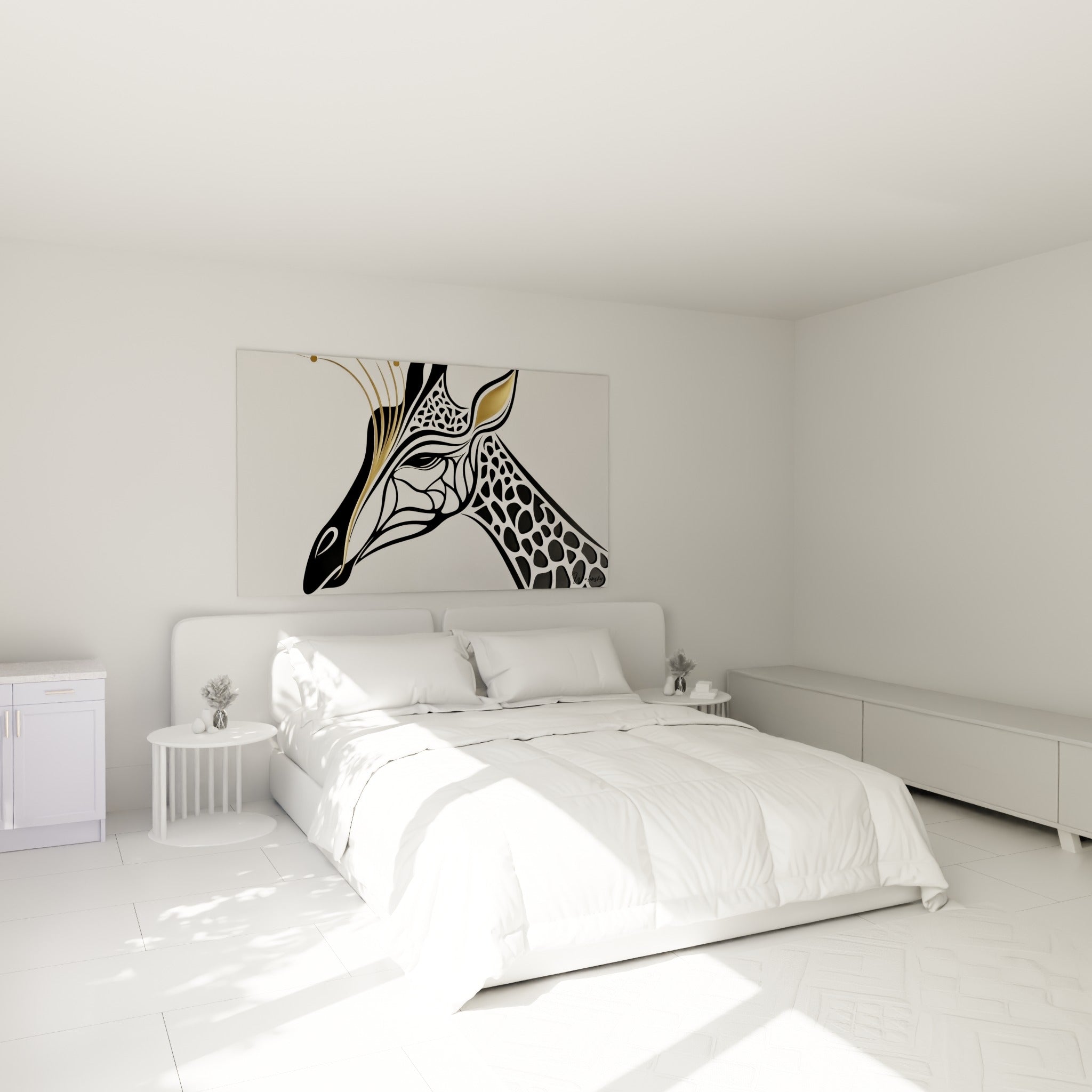 Profil de girafe noir et doré aux lignes fines, accroché au-dessus d'un lit dans une chambre claire