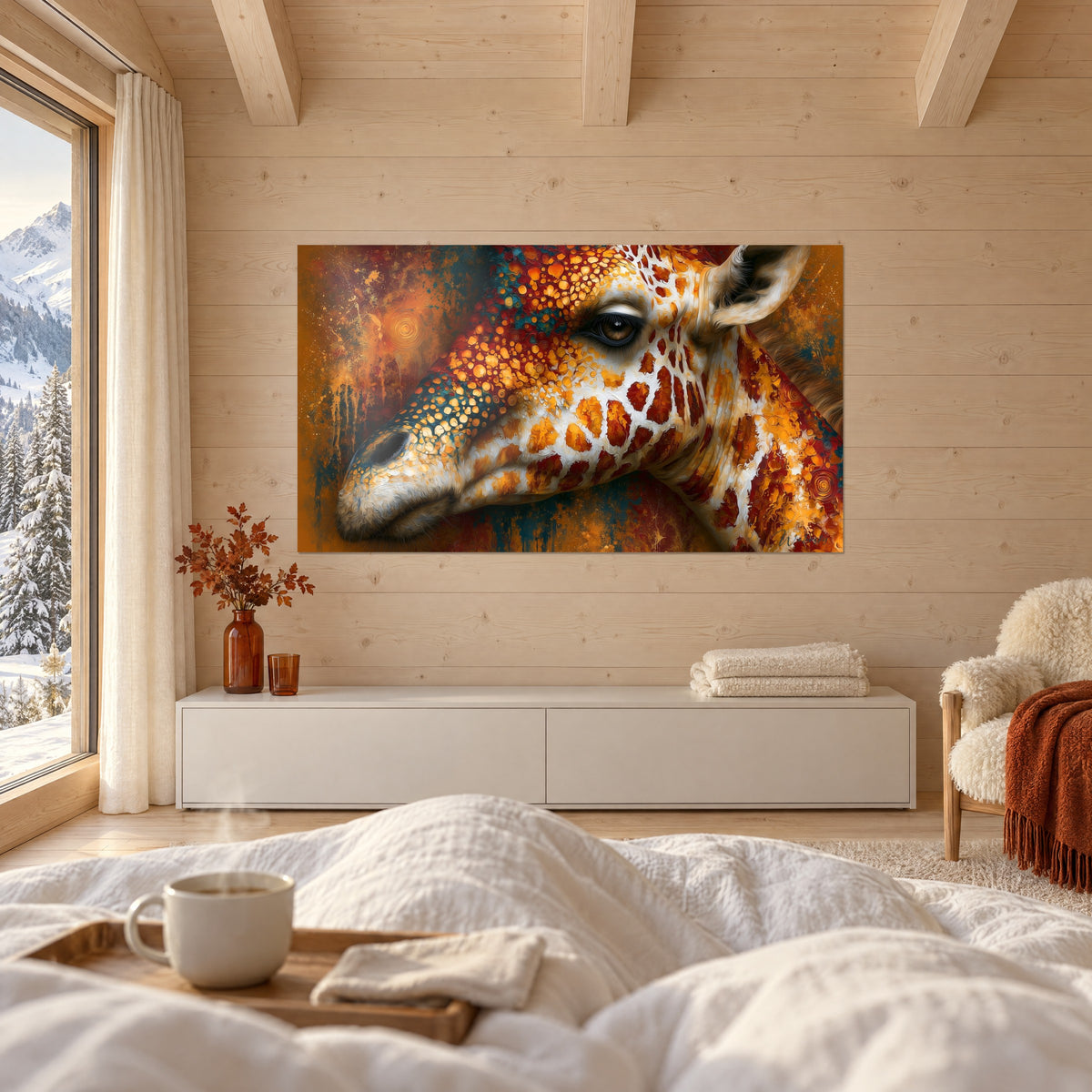 Quadro profilo di giraffa con riflessi ramati, macchie ruggine e bianco crema, una coppia di spalle sopra un letto in una camera luminosa
