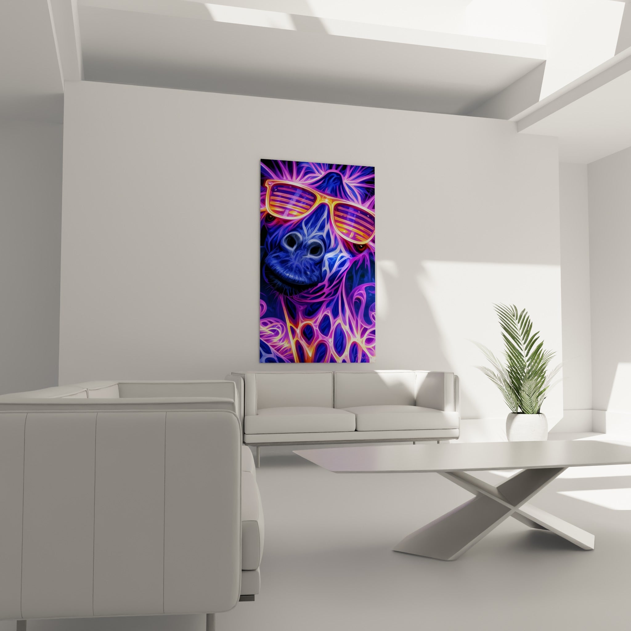 Motifs orange et violet néon ornant la girafe stylisée, au-dessus d'un canapé dans un salon lumineux.