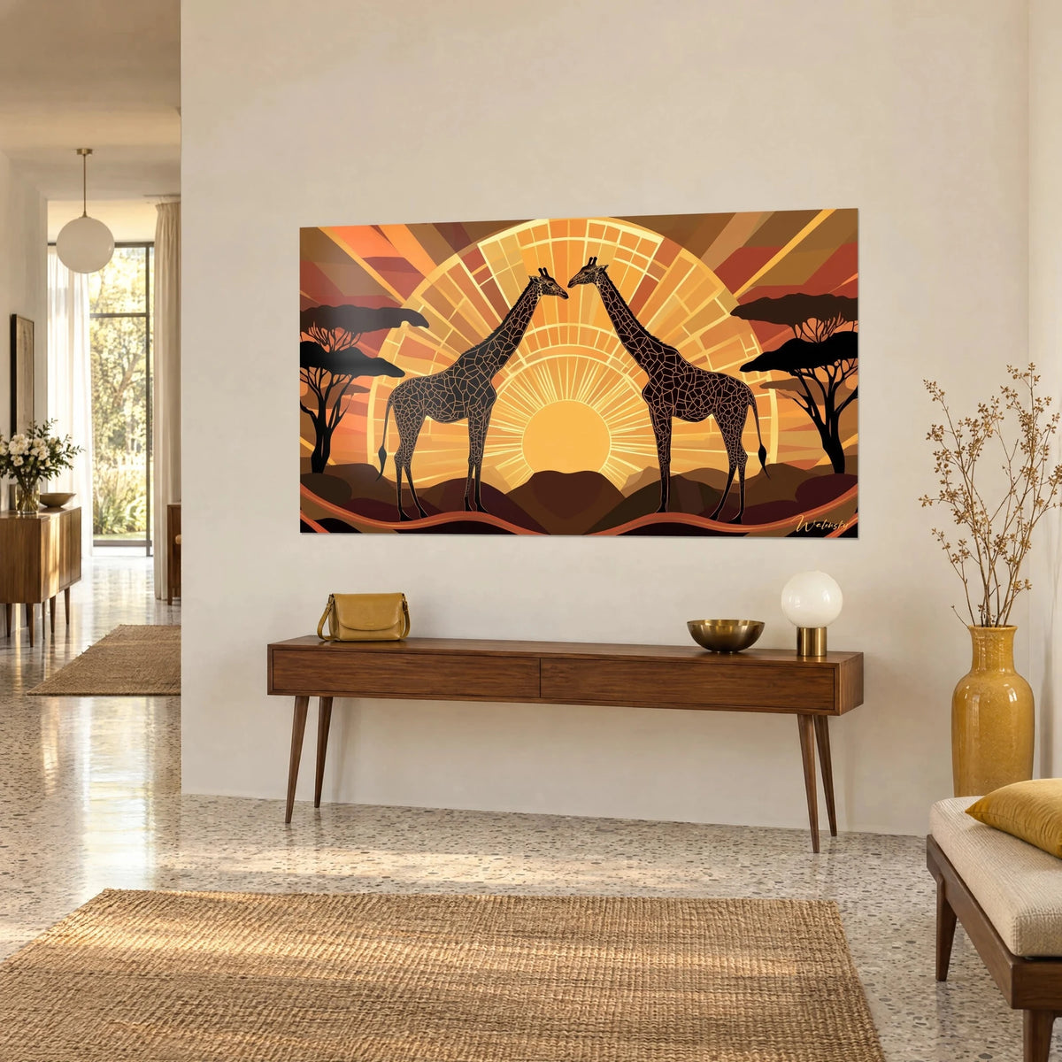 Wall art of a pair of giraffes with brown reticulated coats, golden halo and copper sky, on a beige wall beside a wooden console