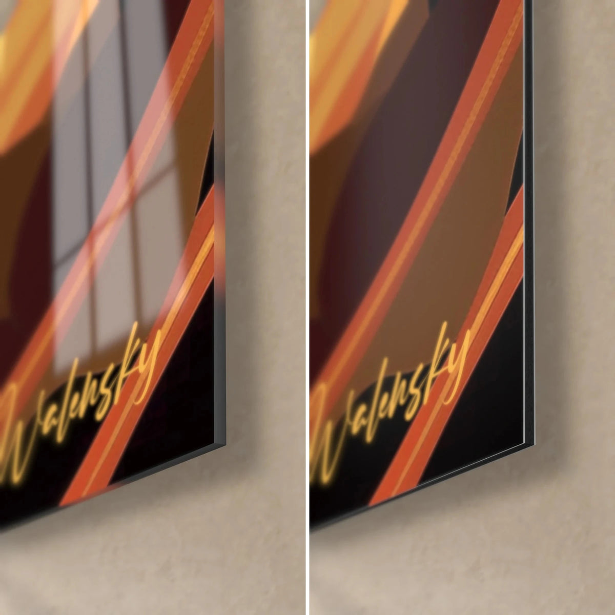 Wall art of giraffes in silhouette, bottom right corner: glossy glass with reflections, matte black and orange Dibond, 3 mm edge visible