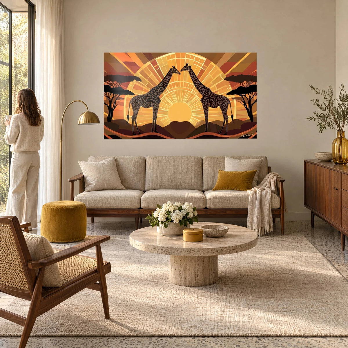 Wall art of two giraffes facing each other in front of an ochre sun, black acacias and orange rays, above a sofa in a bright living room