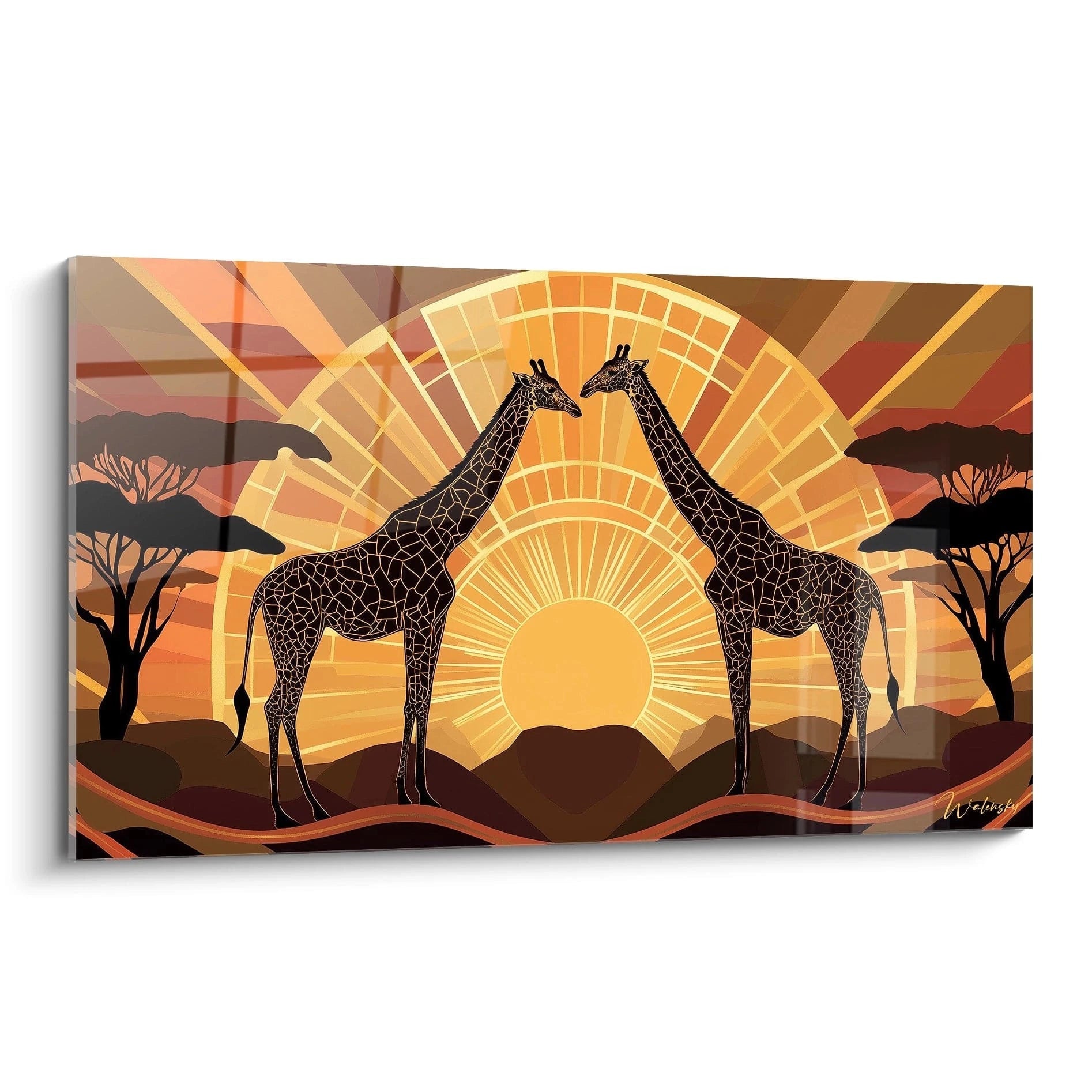 Tableau girafe Walensky avec silhouettes de girafes devant un coucher de soleil vibrant