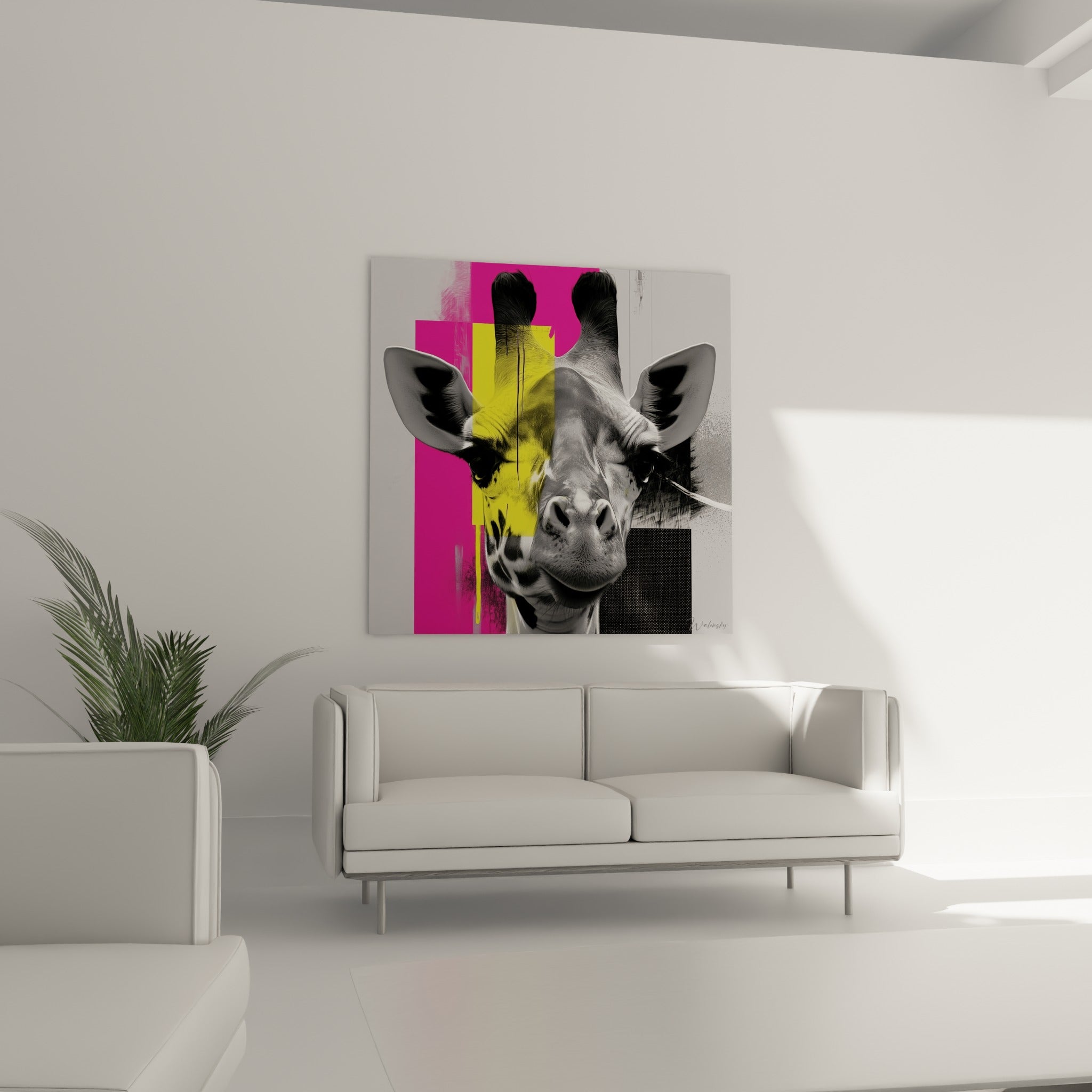 Regard de girafe entre gris anthracite et rose fuchsia, suspendu au-dessus d'un canapé dans un salon lumineux