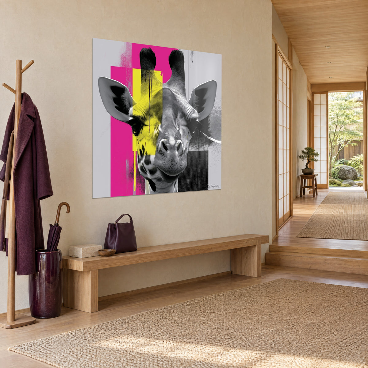 Gemälde Hybrid-Giraffenporträt in fluoreszierendem Gelb und silbergrau, rosa Streifen, schwarzes Quadrat, neben einer Garderobe aus hellem Holz