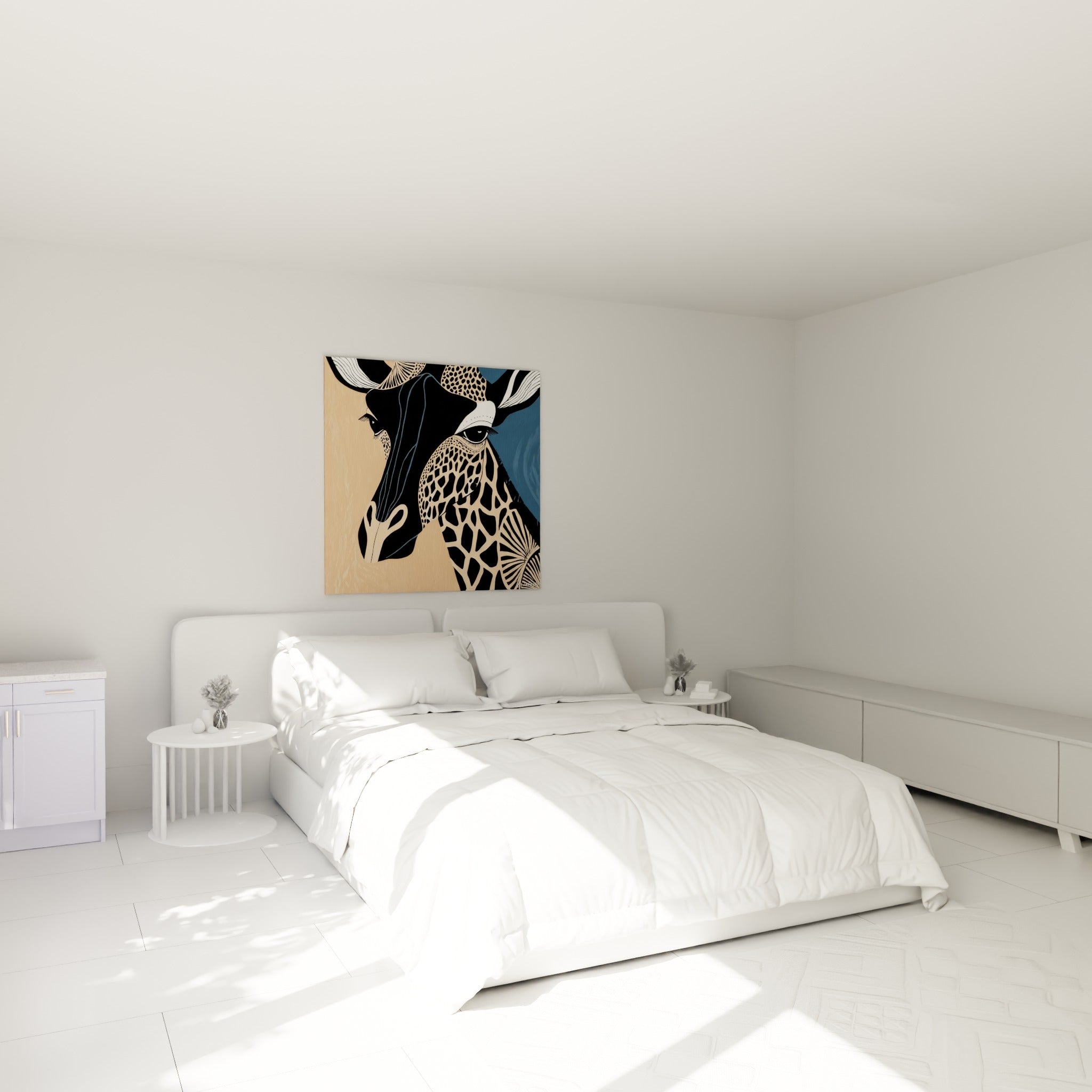 Regard perçant de girafe noire et bleu marine au-dessus d'un lit dans une chambre claire