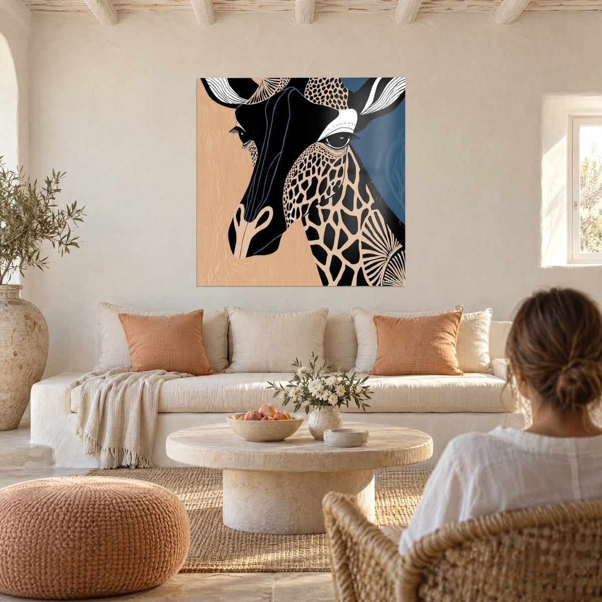 Cuadro jirafa gráfica, hocico negro y cuello moteado beige sobre fondo azul marino, encima de un sofá en un salón luminoso