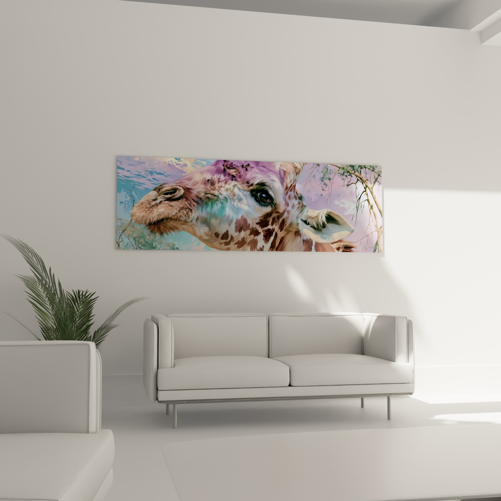 Portrait de girafe aux tons roses et turquoise au-dessus d'un canapé dans un salon lumineux