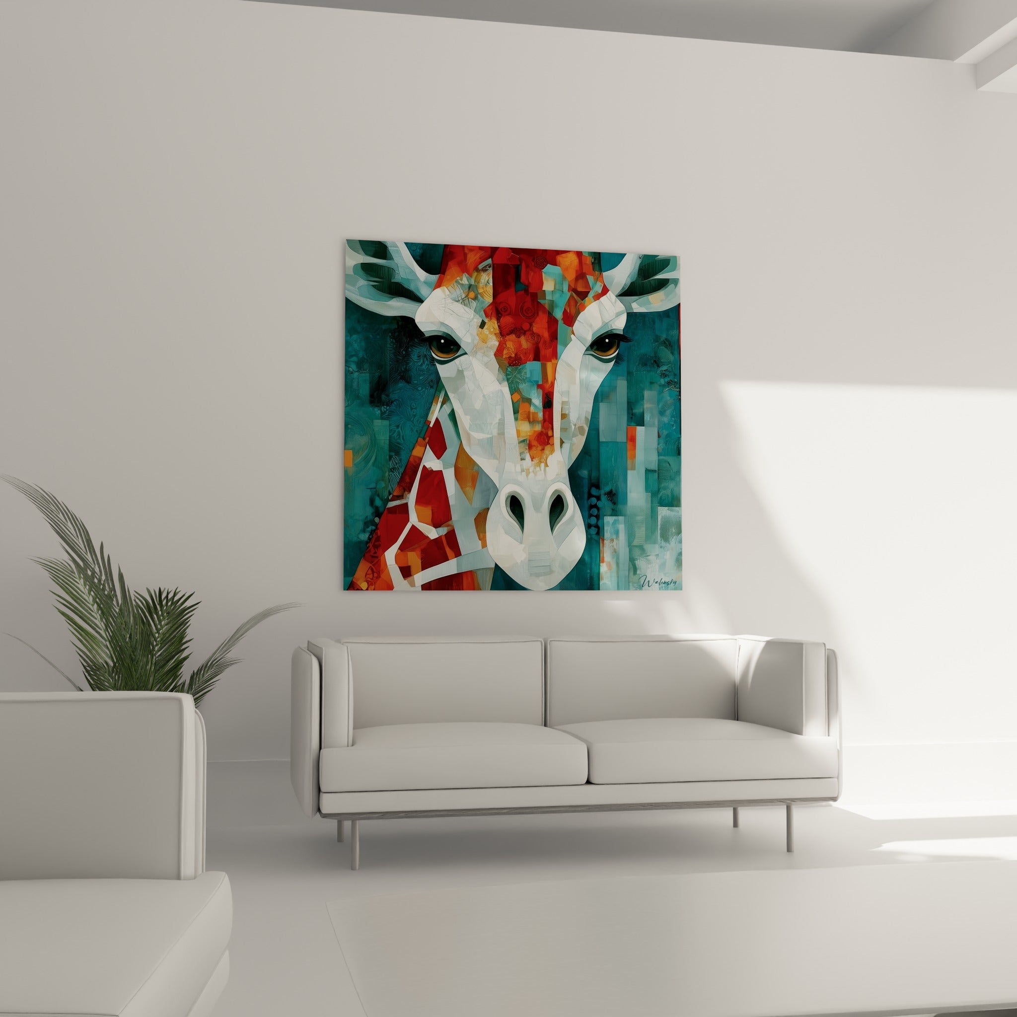 Yeux dorés et fragments rouges de la girafe stylisée, suspendus au-dessus d'un canapé dans un salon lumineux