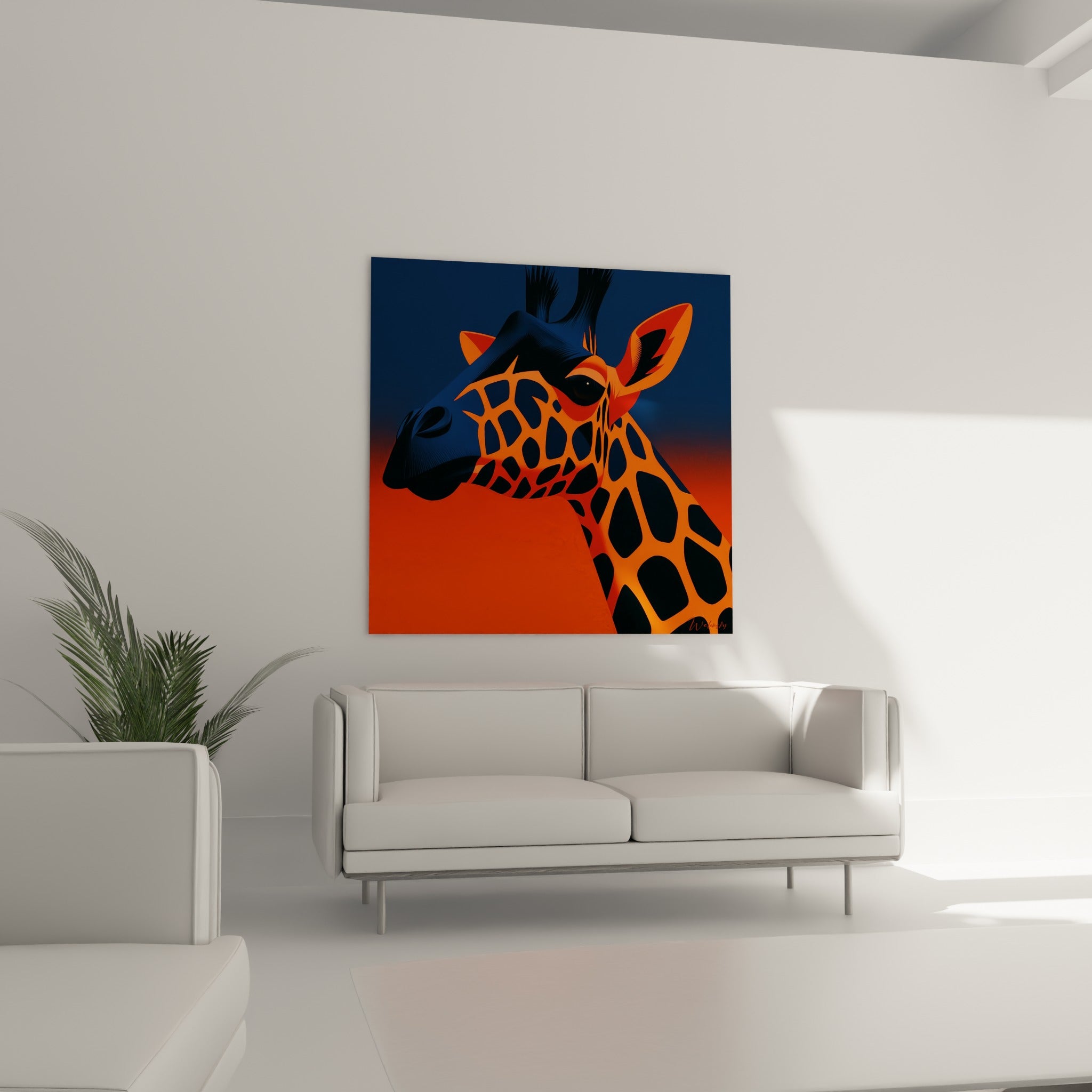 Tête de girafe illuminée d'orange sur fond bleu nuit, regard intense, au-dessus d'un canapé dans un salon lumineux