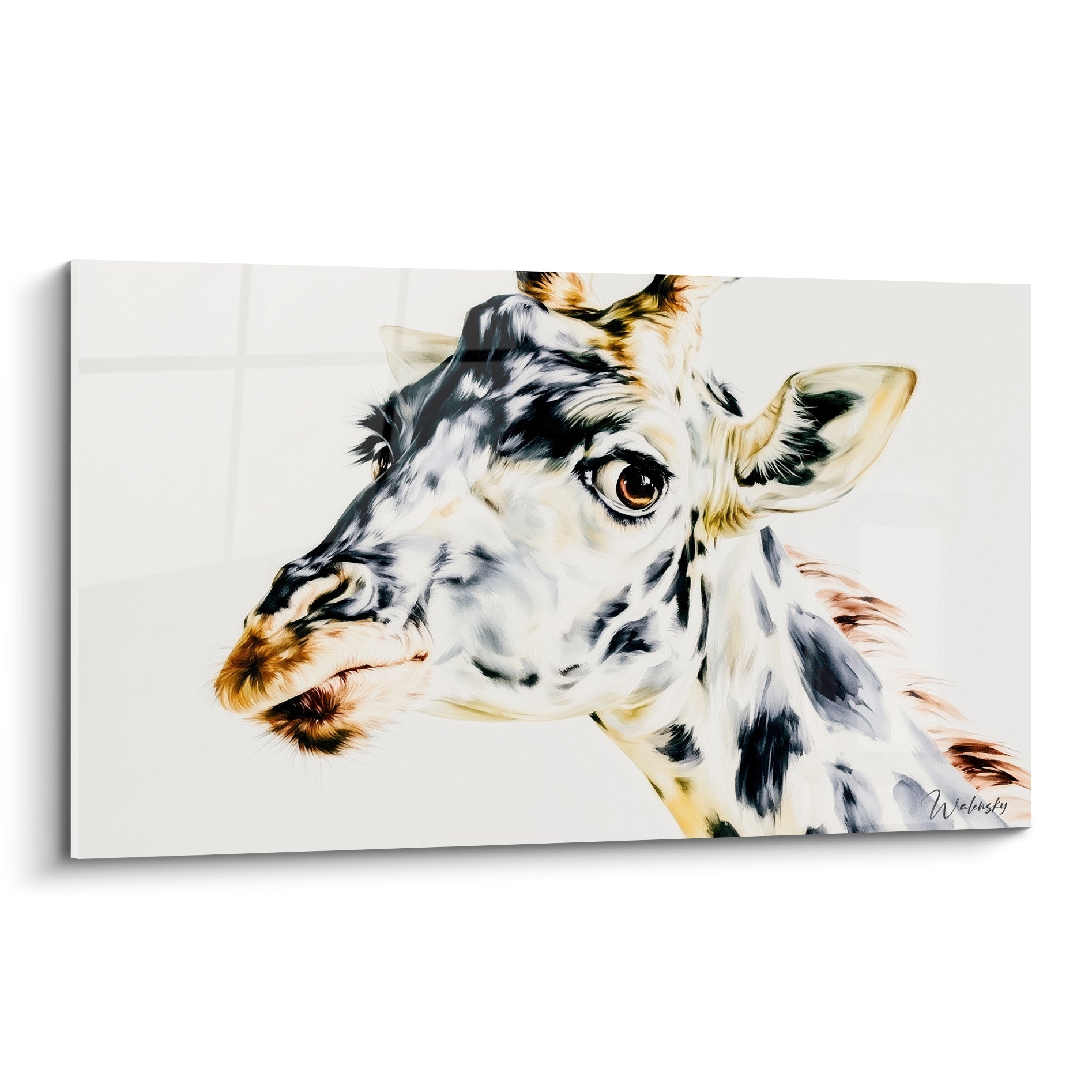 Girafe au regard marron intense, pelage noir et blanc tacheté, cornes ocre sur fond ivoire