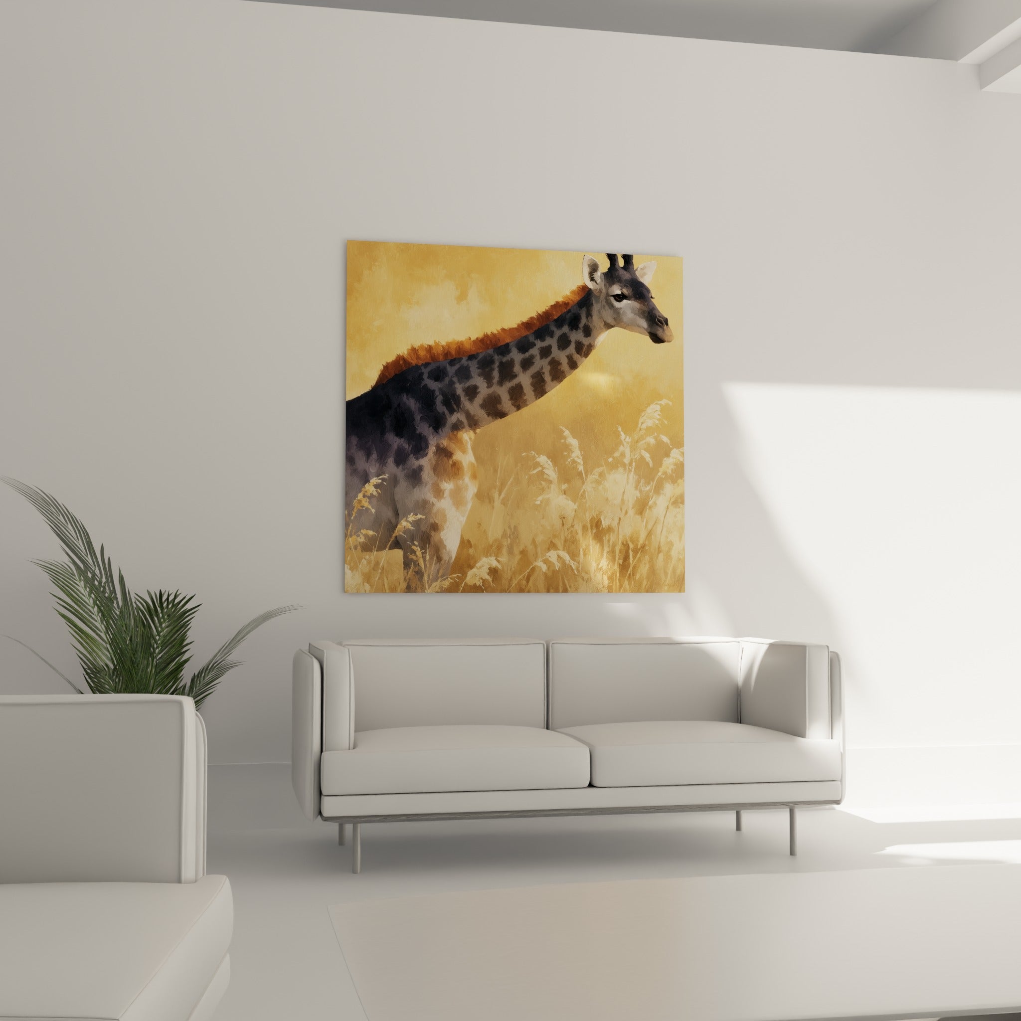 Regard paisible de la girafe aux tons ocre et anthracite, au-dessus d'un canapé dans un salon lumineux