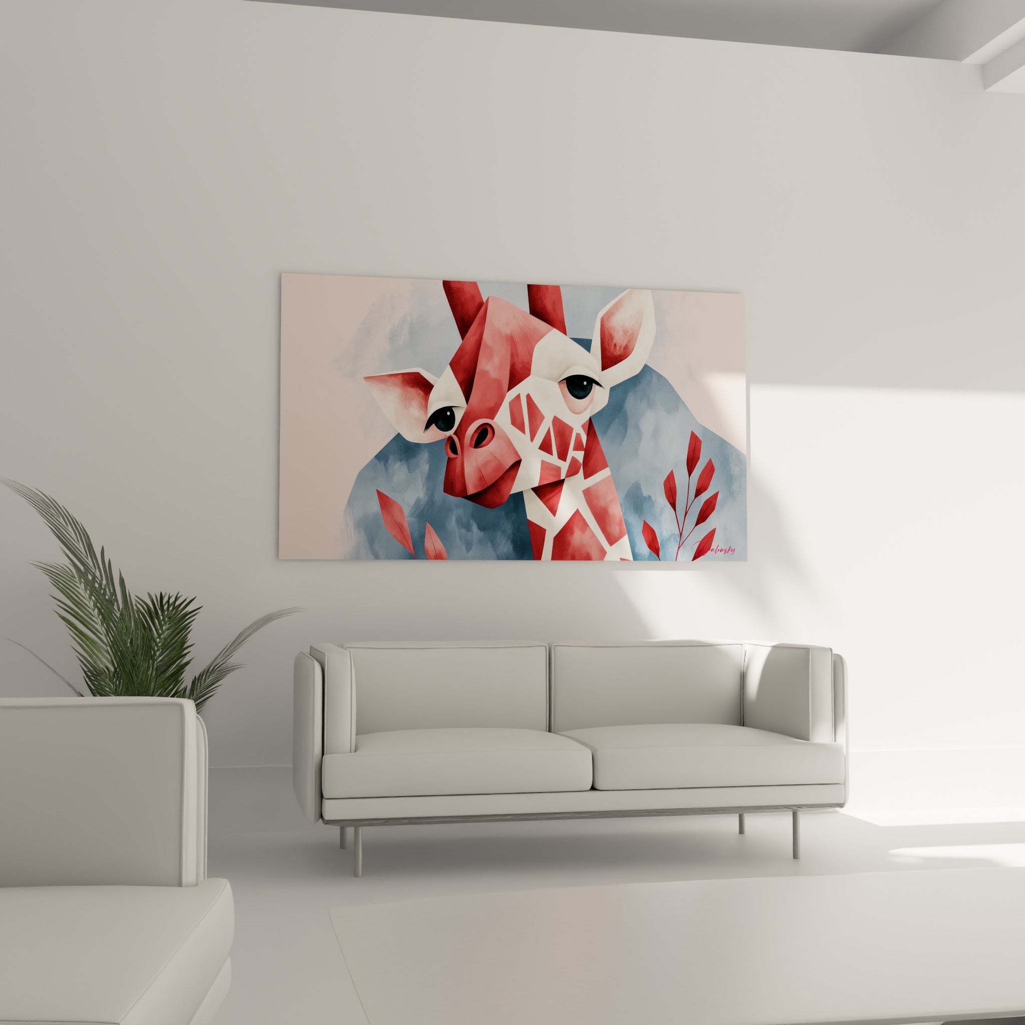 Tête de girafe graphique en rouge et blanc crème sur fond bleu ardoise, au-dessus d'un canapé dans un salon lumineux