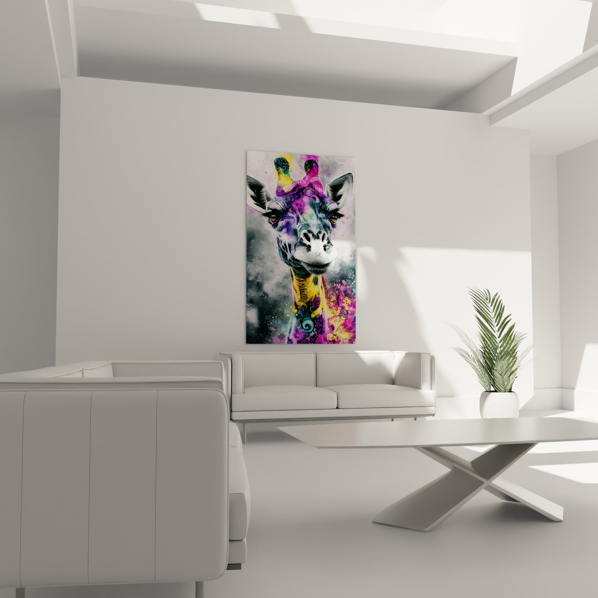 Regard perçant de la girafe entre violet et turquoise, cou éclaboussé de jaune au-dessus d'un canapé dans un salon lumineux