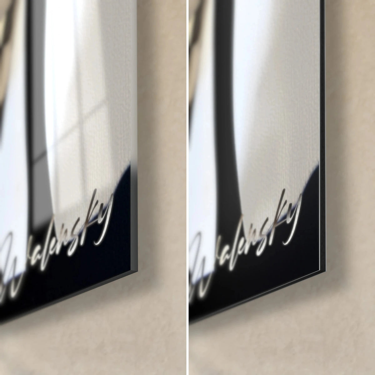 Wall art black giraffe with gold highlights, lower right corner: glossy acrylic glass and matte Dibond aluminium, 3 mm edge