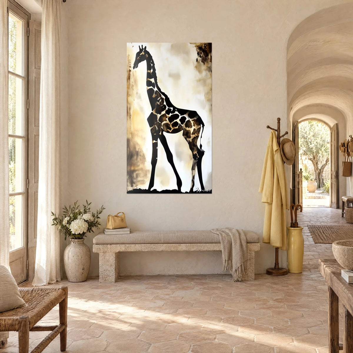 Wall art of a savanna big cat with a long black neck, copper spots on a sand and ivory wash, Provençal farmhouse in three-quarter view