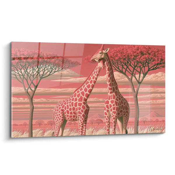 Tableau Girafes roses sous acacias en savane - Tendresse africaine - Edition Girafe