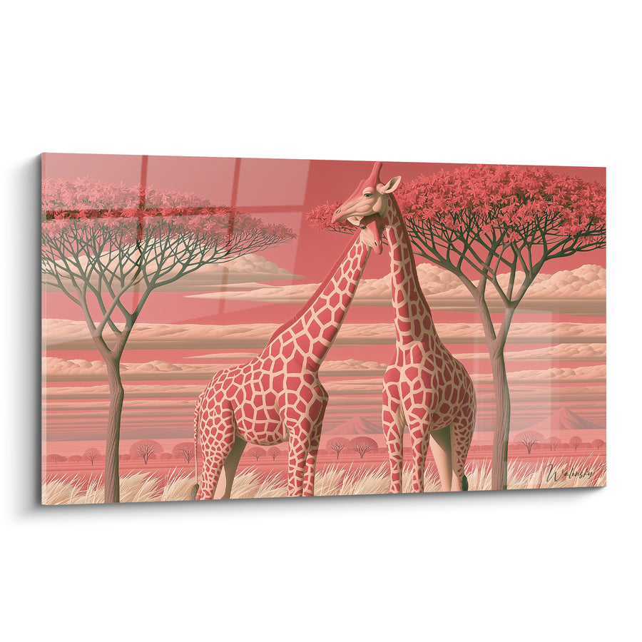 Tableau Girafes roses sous acacias en savane - Tendresse africaine - Edition Girafe