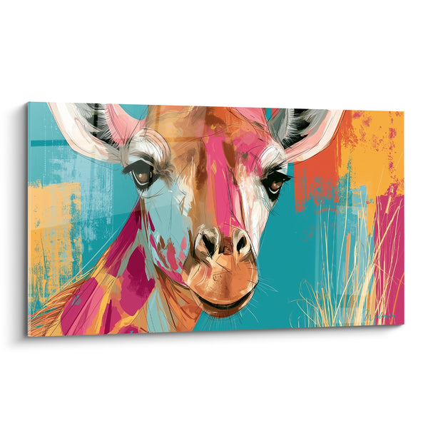 Tableau Girafe turquoise et fuchsia aux herbes dorées - Regard félin intense - Edition Girafe