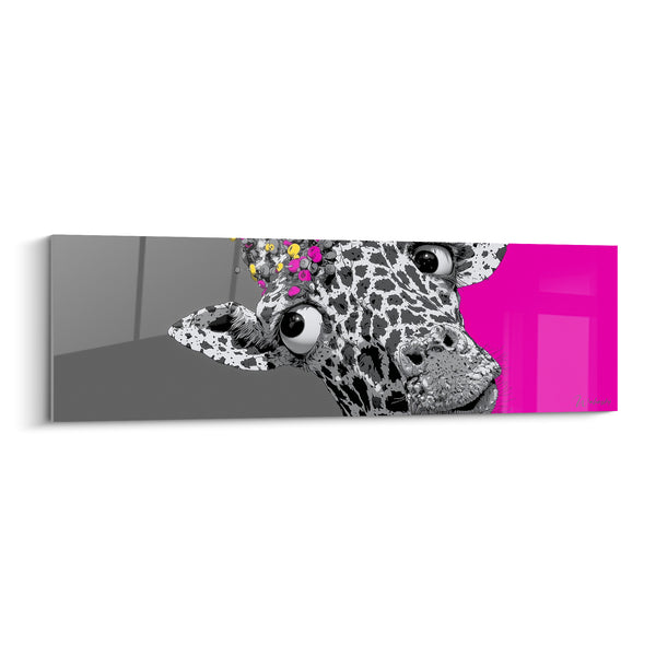Tableau Girafe noire et blanche aux cornes confettis - Yeux écarquillés espiègles - Edition Girafe
