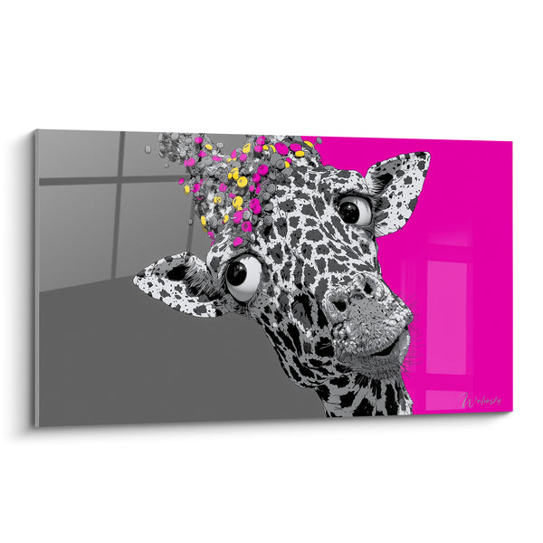 Tableau Girafe rose et grise aux confettis dorés - Clin d'œil malicieux - Edition Girafe