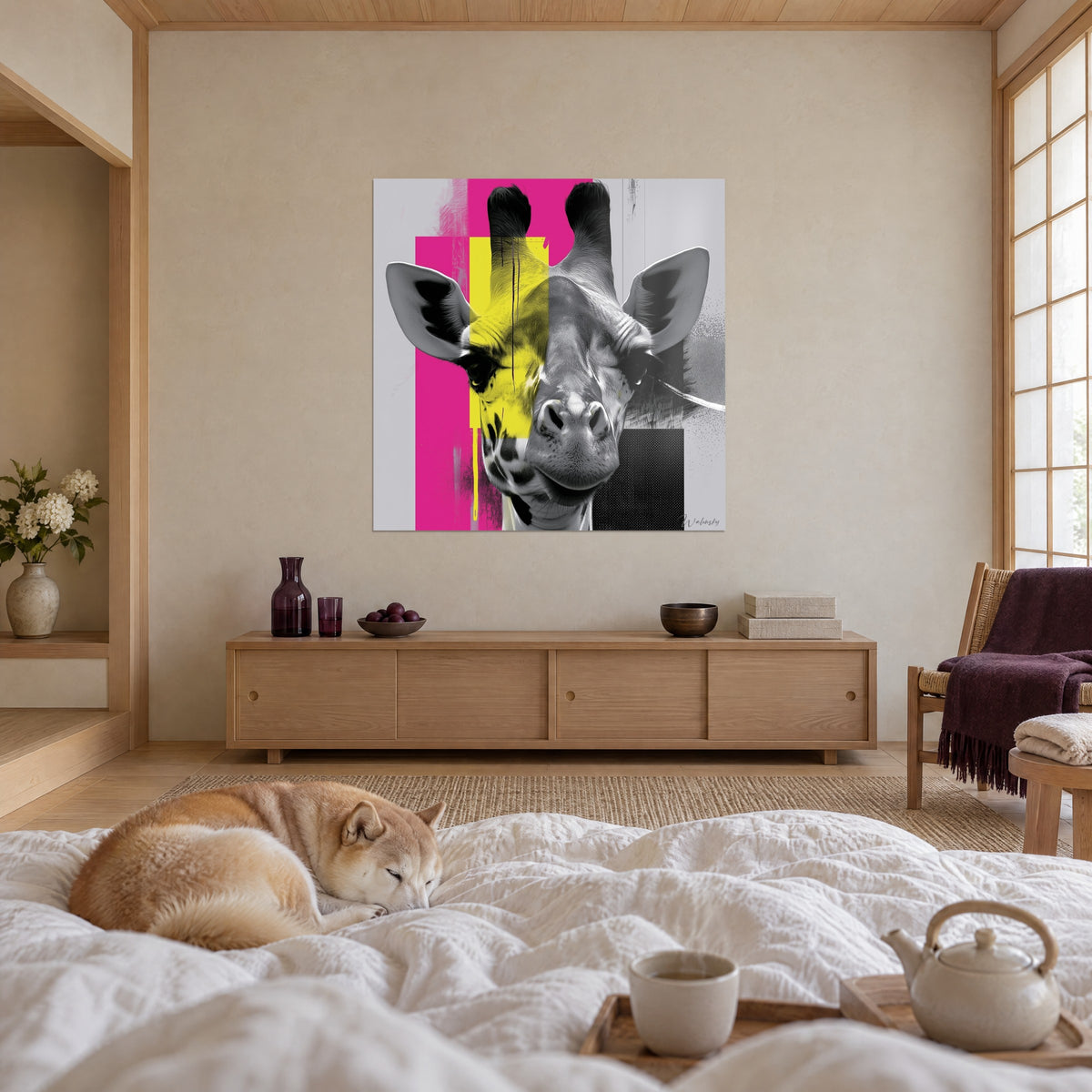 Gemälde Giraffenkopf zur Hälfte zitronengelb, zur Hälfte schwarz-weiß auf magentarosa Fläche, über einem Bett in einem hellen Schlafzimmer
