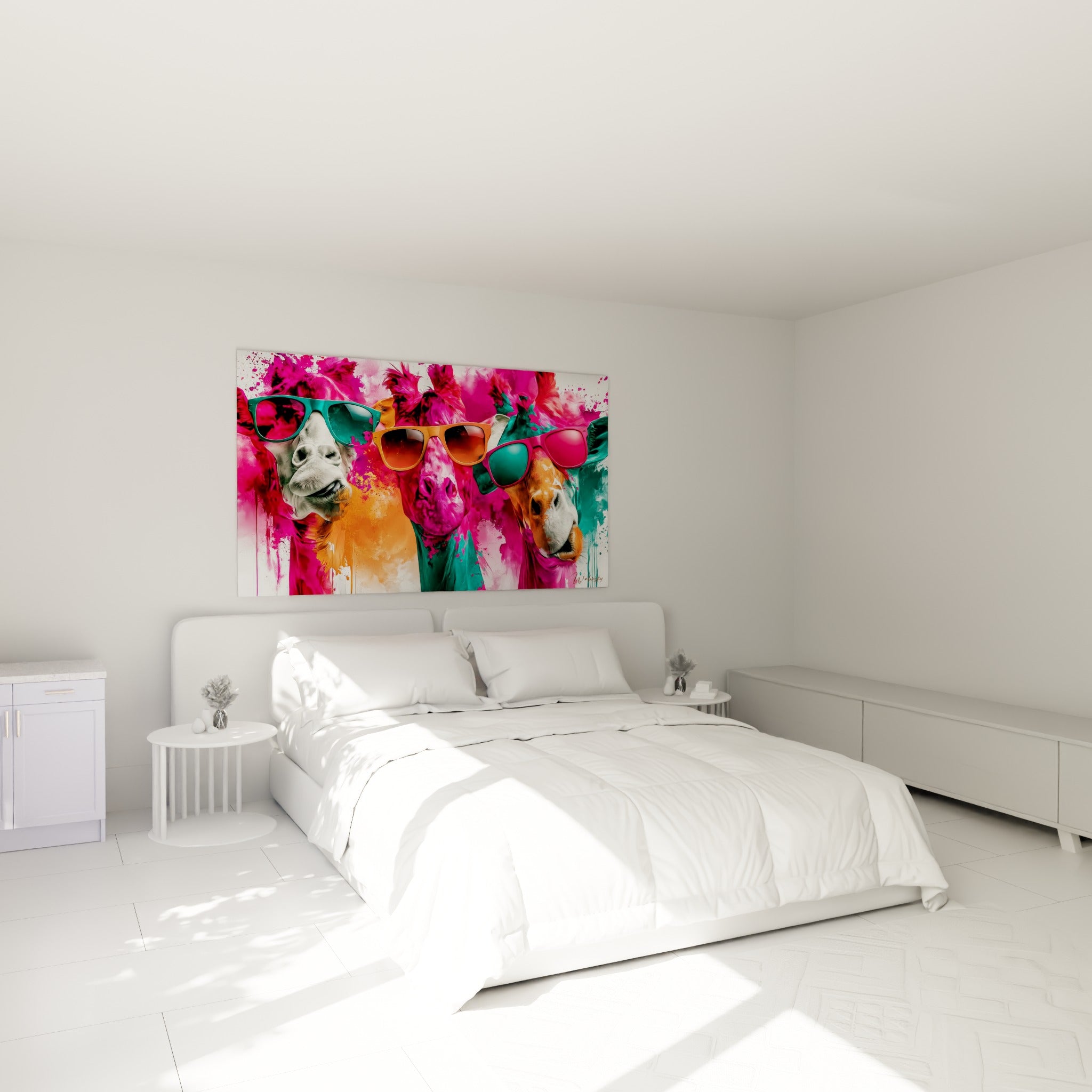 Girafes roses et turquoise à lunettes surplombent un lit dans une chambre claire et lumineuse