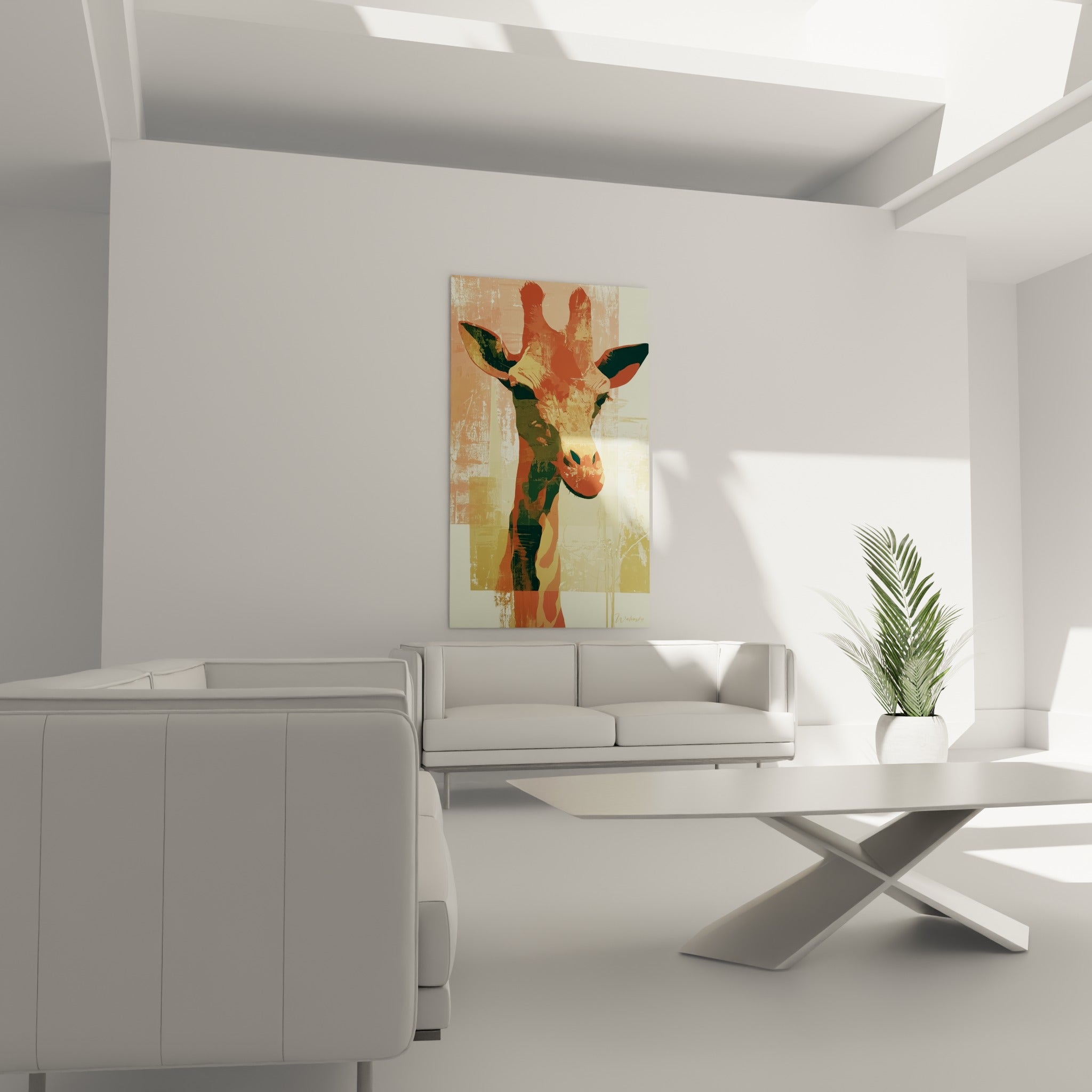 Silhouette de girafe rose poudré et olive, au-dessus d'un canapé dans un salon lumineux